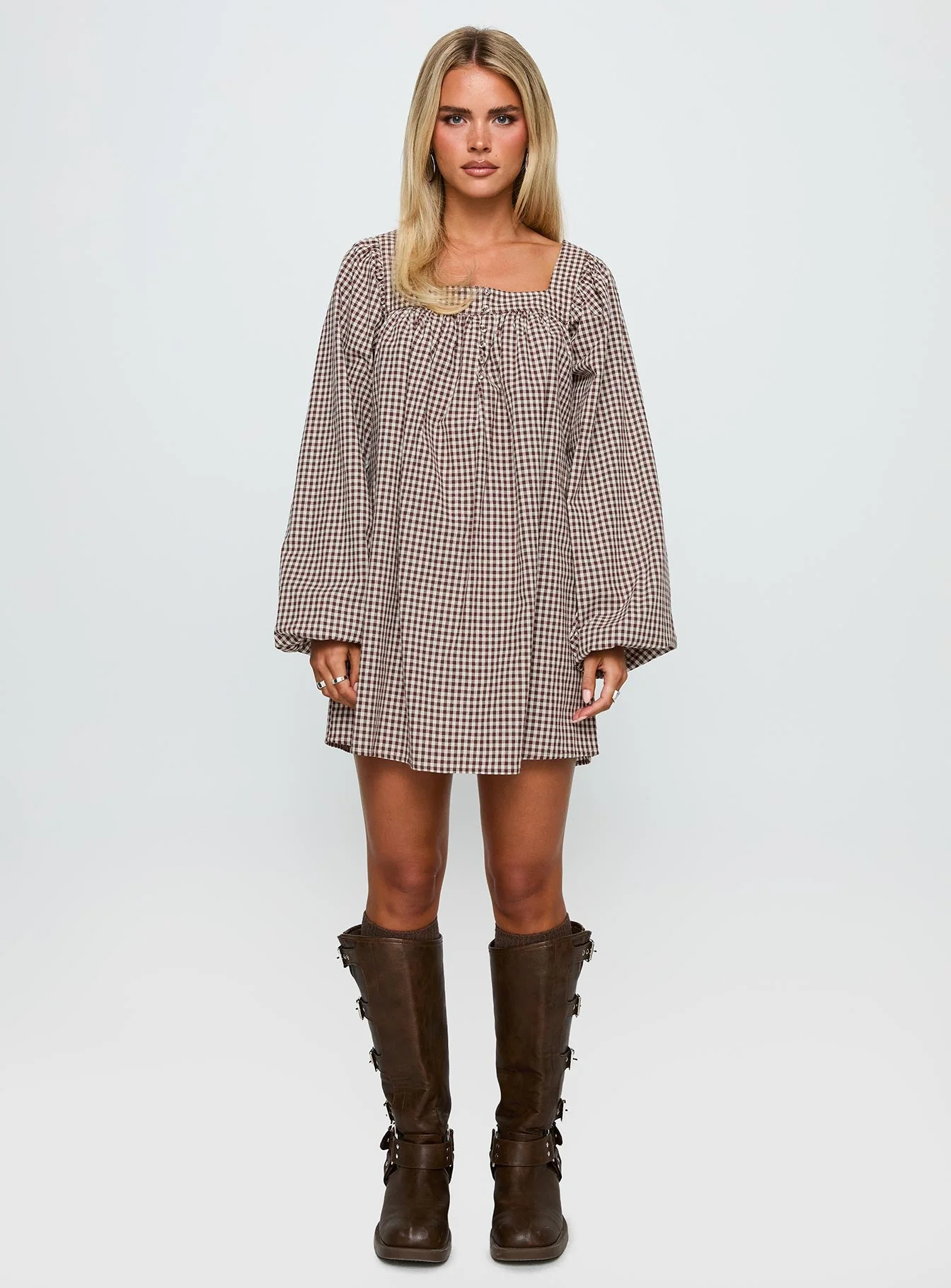 Lilibet Long Sleeve Mini Dress Brown Check - Image 6