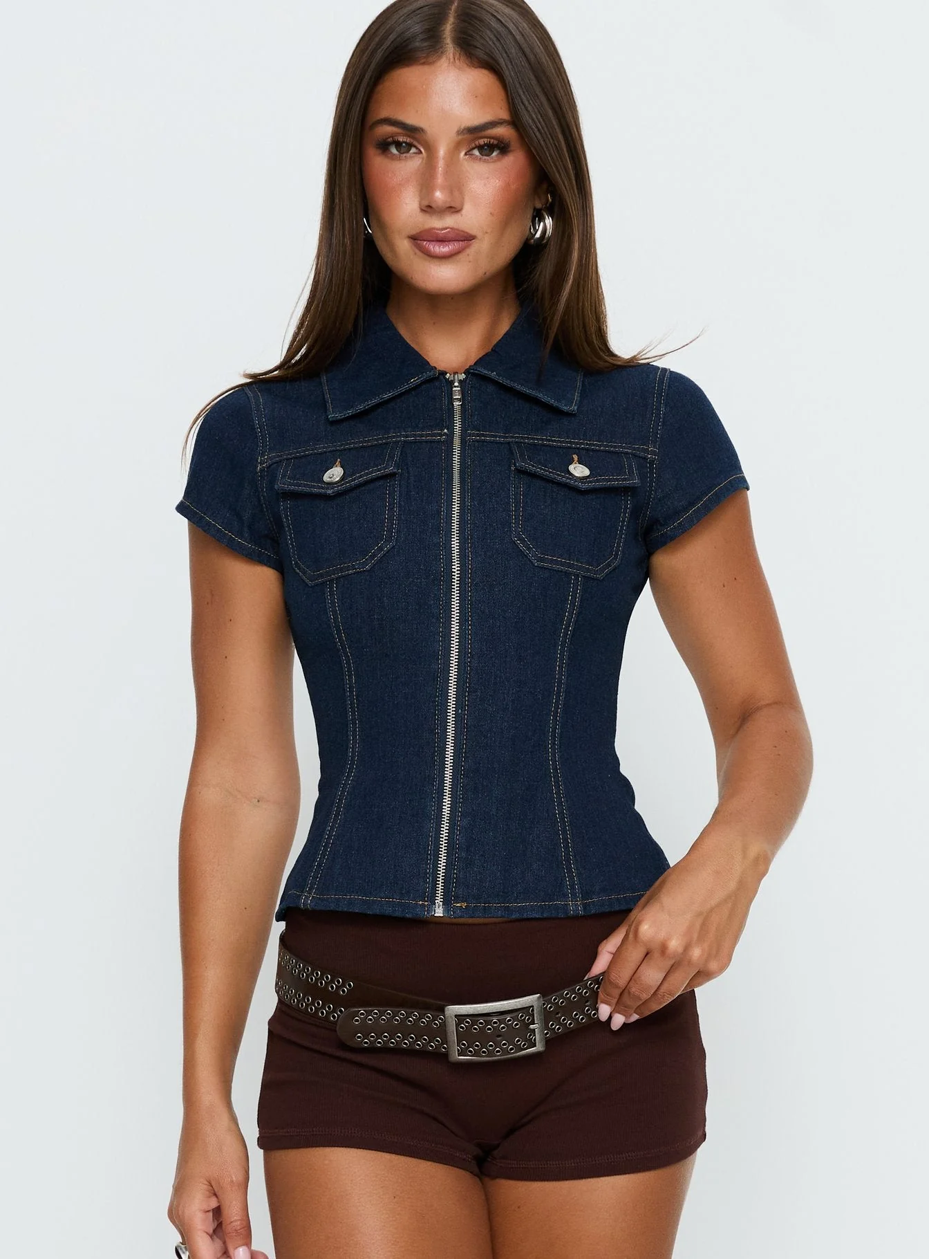 Liyana Denim Zip Up Short Sleeve Shirt Mid Blue - Image 2