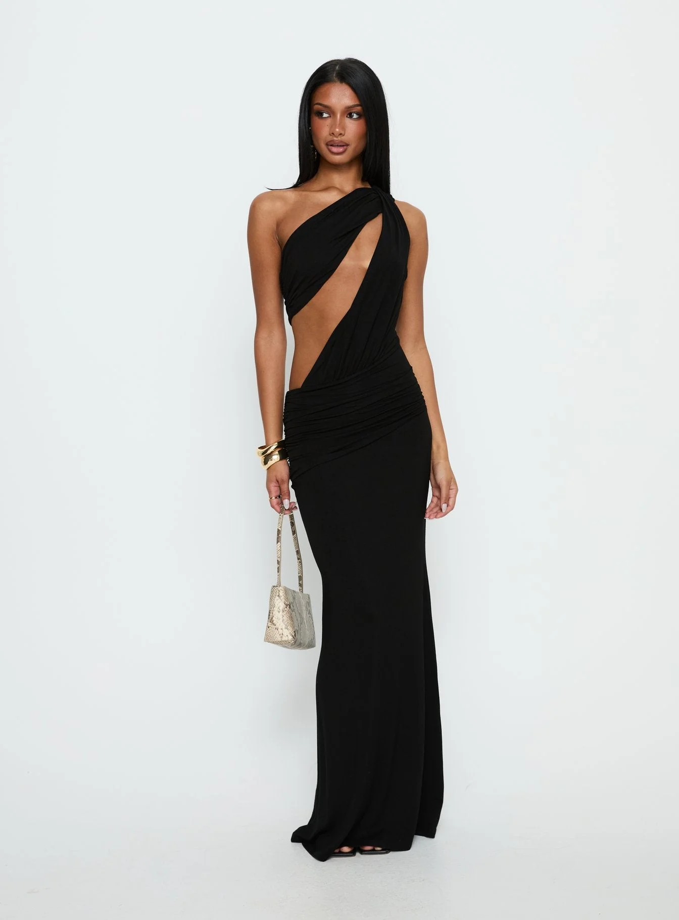 Loletta Draped One Shoulder Maxi Dress Black - Image 3