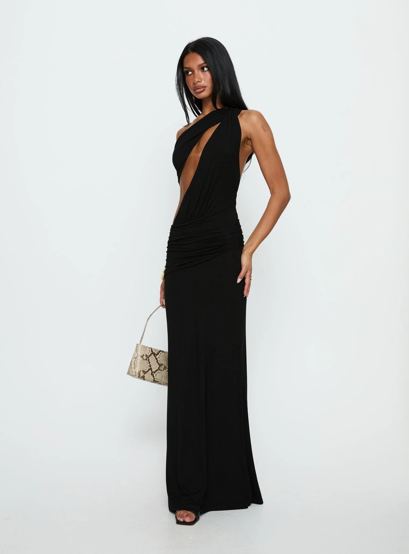 Loletta Draped One Shoulder Maxi Dress Black - Image 5