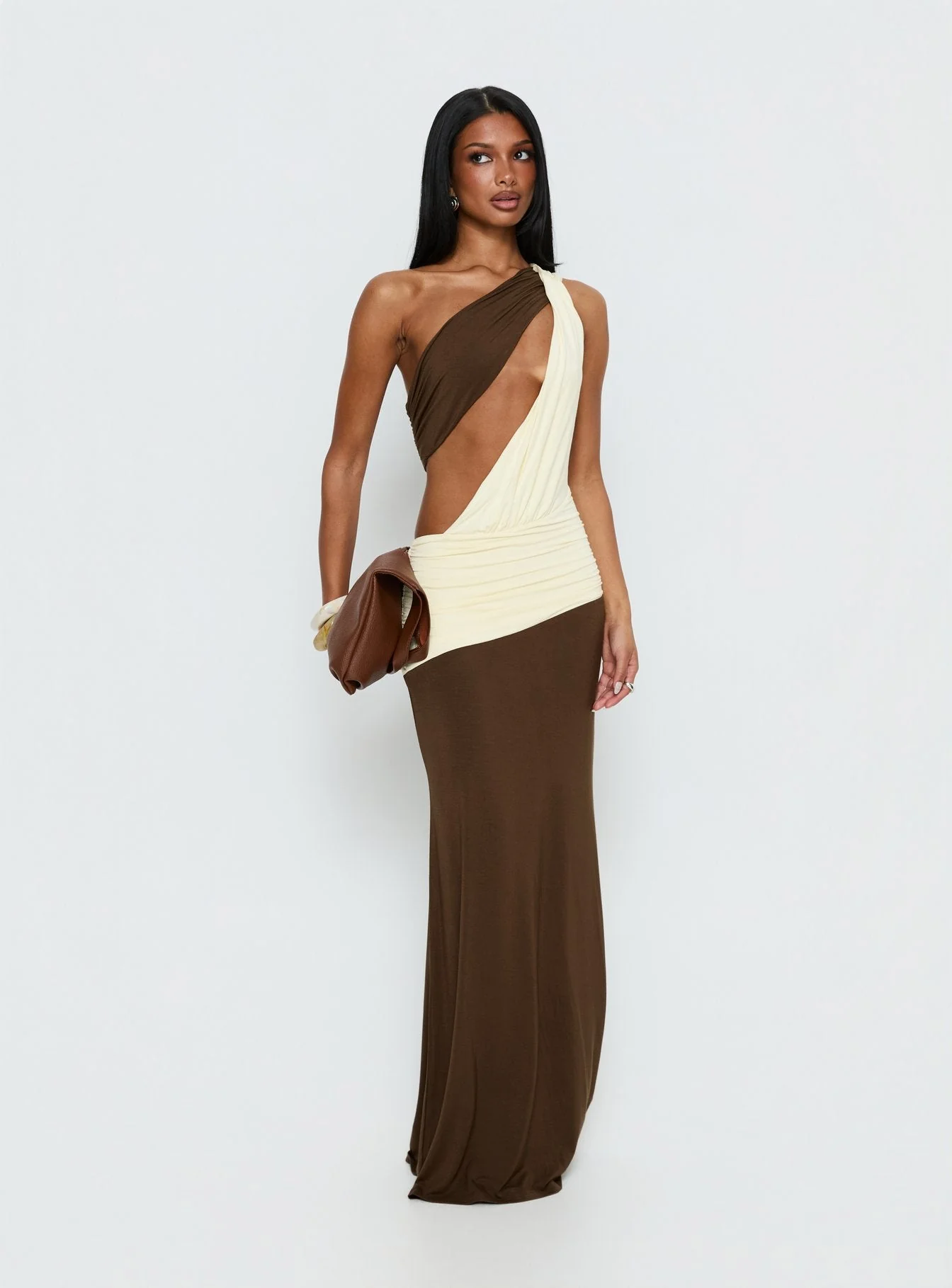 Loletta Draped One Shoulder Maxi Dress Chocolate / Yellow - Image 2