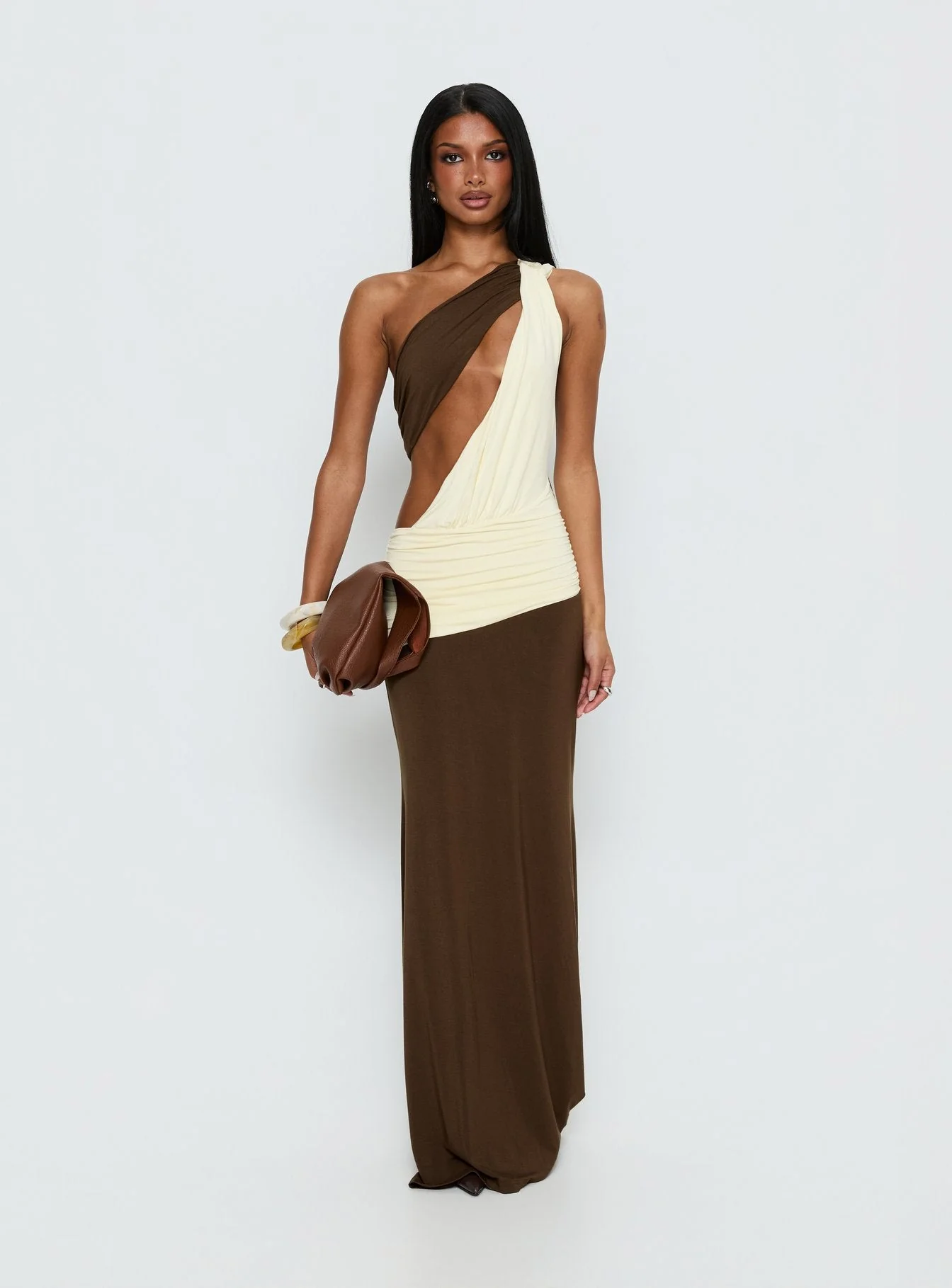 Loletta Draped One Shoulder Maxi Dress Chocolate / Yellow - Image 9