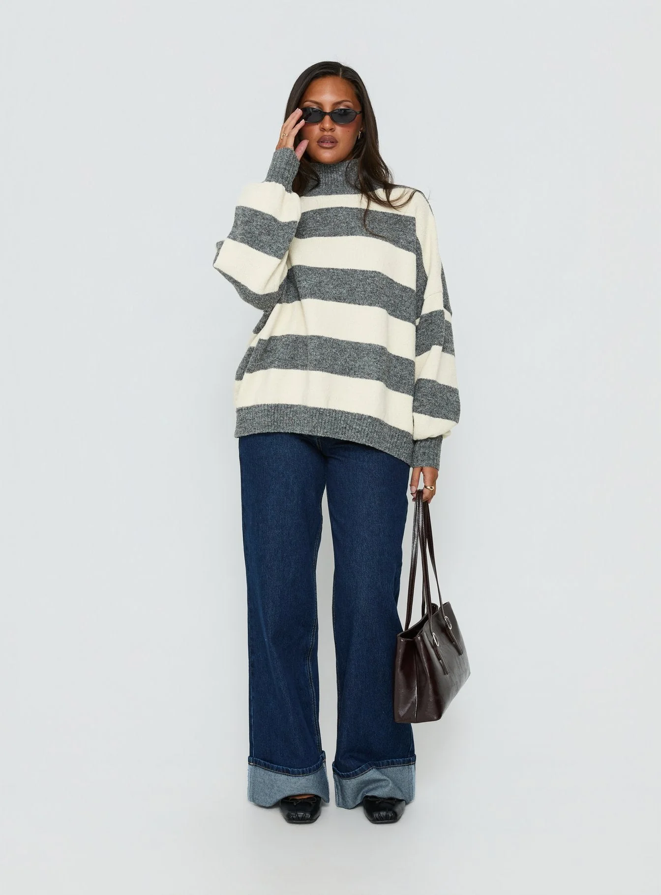 Longest Goodbye Slouchy Funnel Neck Oversized Knit Sweater Grey / Cream Stripe - Image 2