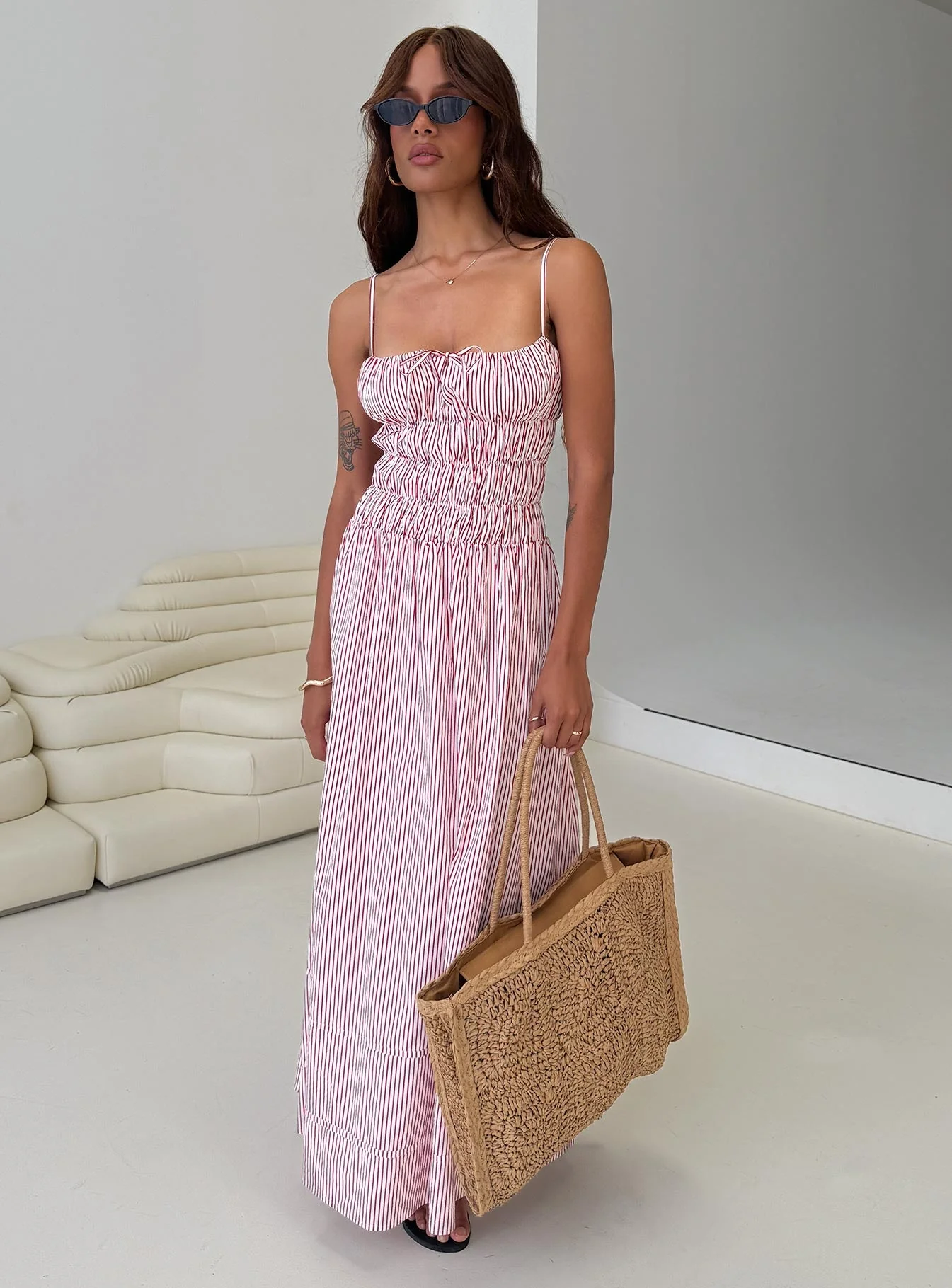 Loralei Shirred Maxi Dress Red Stripe