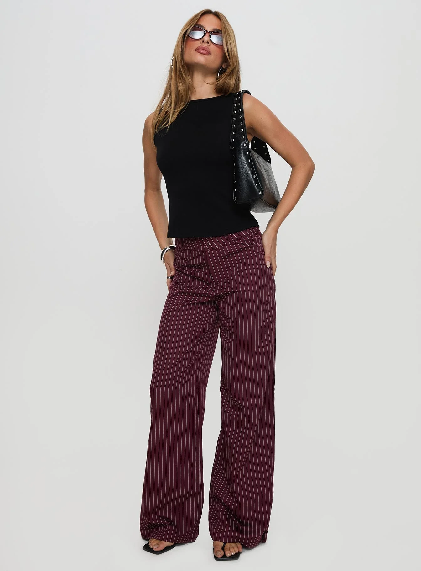 Lorenne Mid Rise Pant Burgundy Pinstripe - Image 3