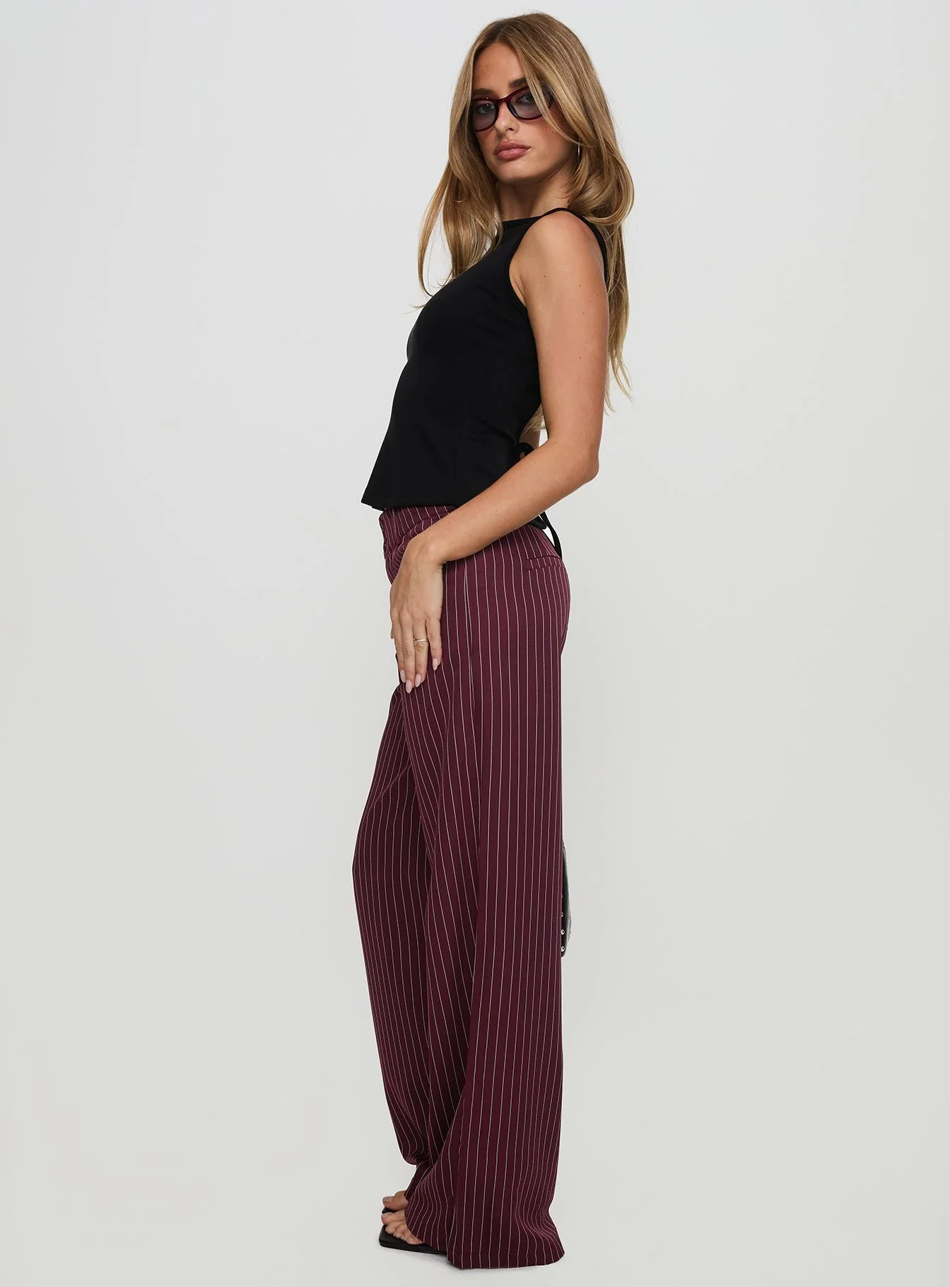 Lorenne Mid Rise Pant Burgundy Pinstripe - Image 4