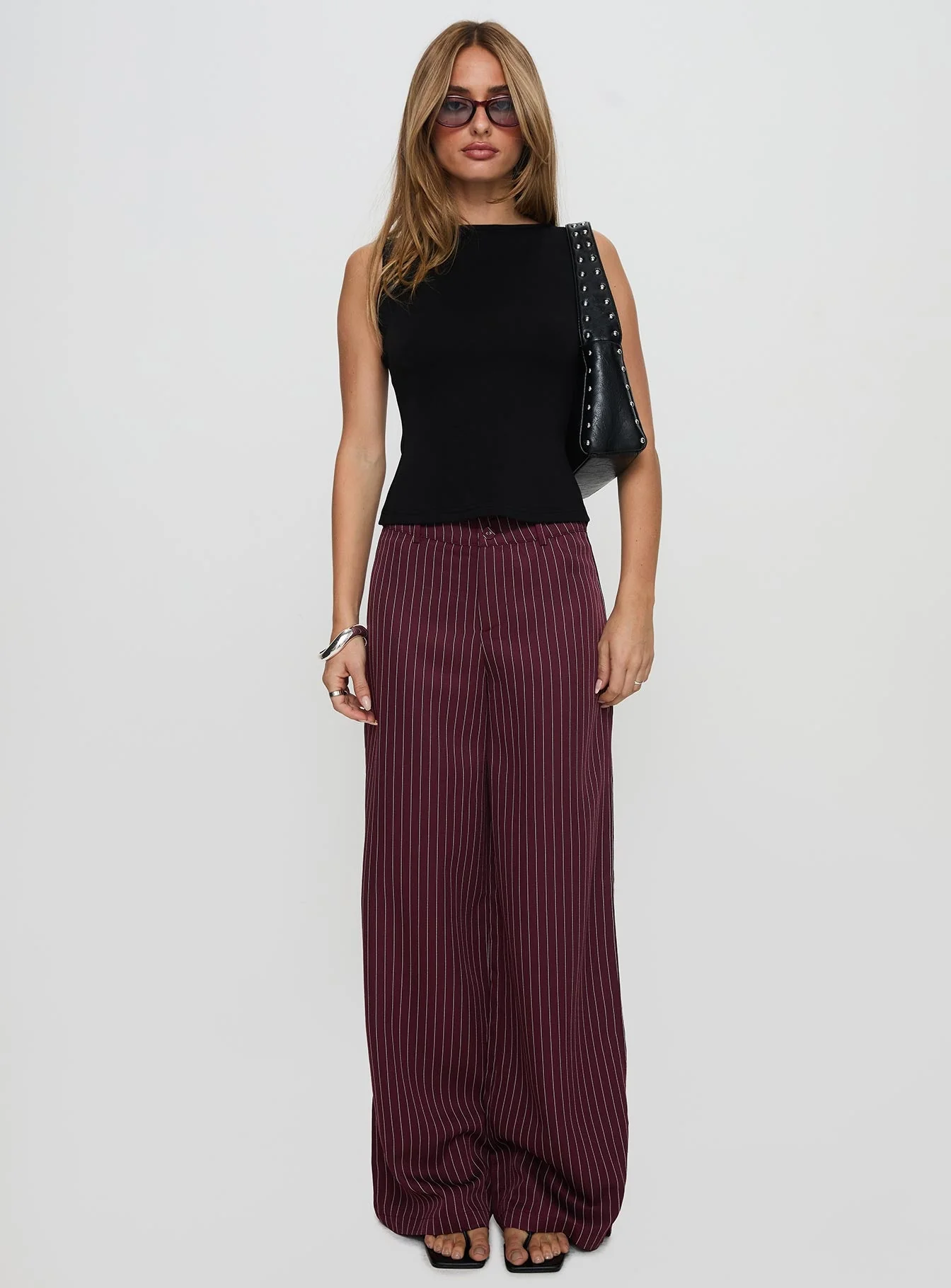 Lorenne Mid Rise Pant Burgundy Pinstripe - Image 7