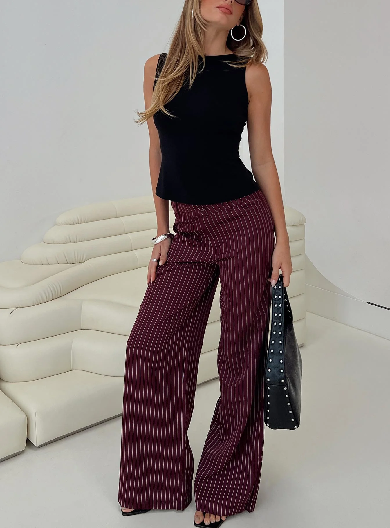 Lorenne Mid Rise Pant Burgundy Pinstripe - Image 8