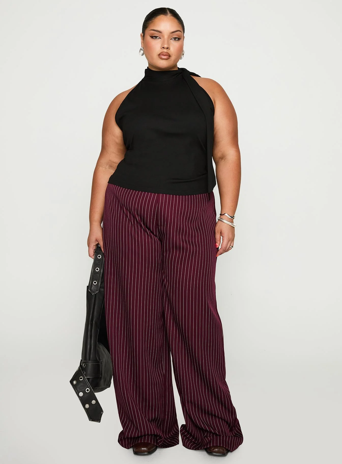Lorenne Mid Rise Pant Burgundy Pinstripe Curve - Image 2