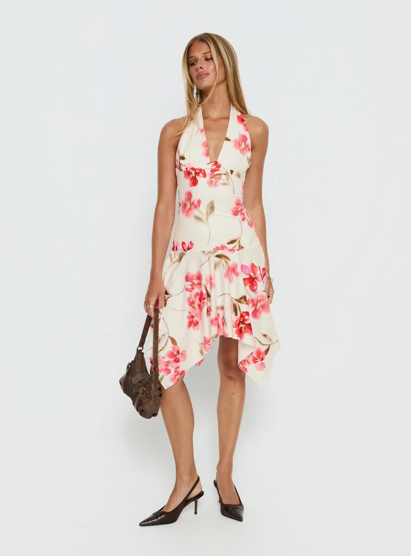 Loreza Halter Asymmetrical Midi Dress Cream Floral - Image 2