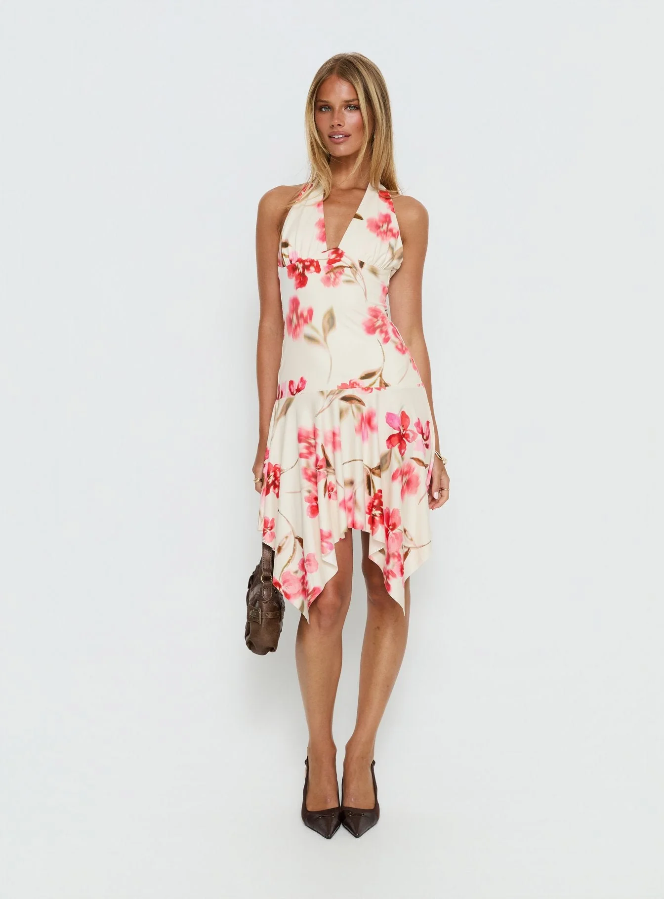 Loreza Halter Asymmetrical Midi Dress Cream Floral - Image 3