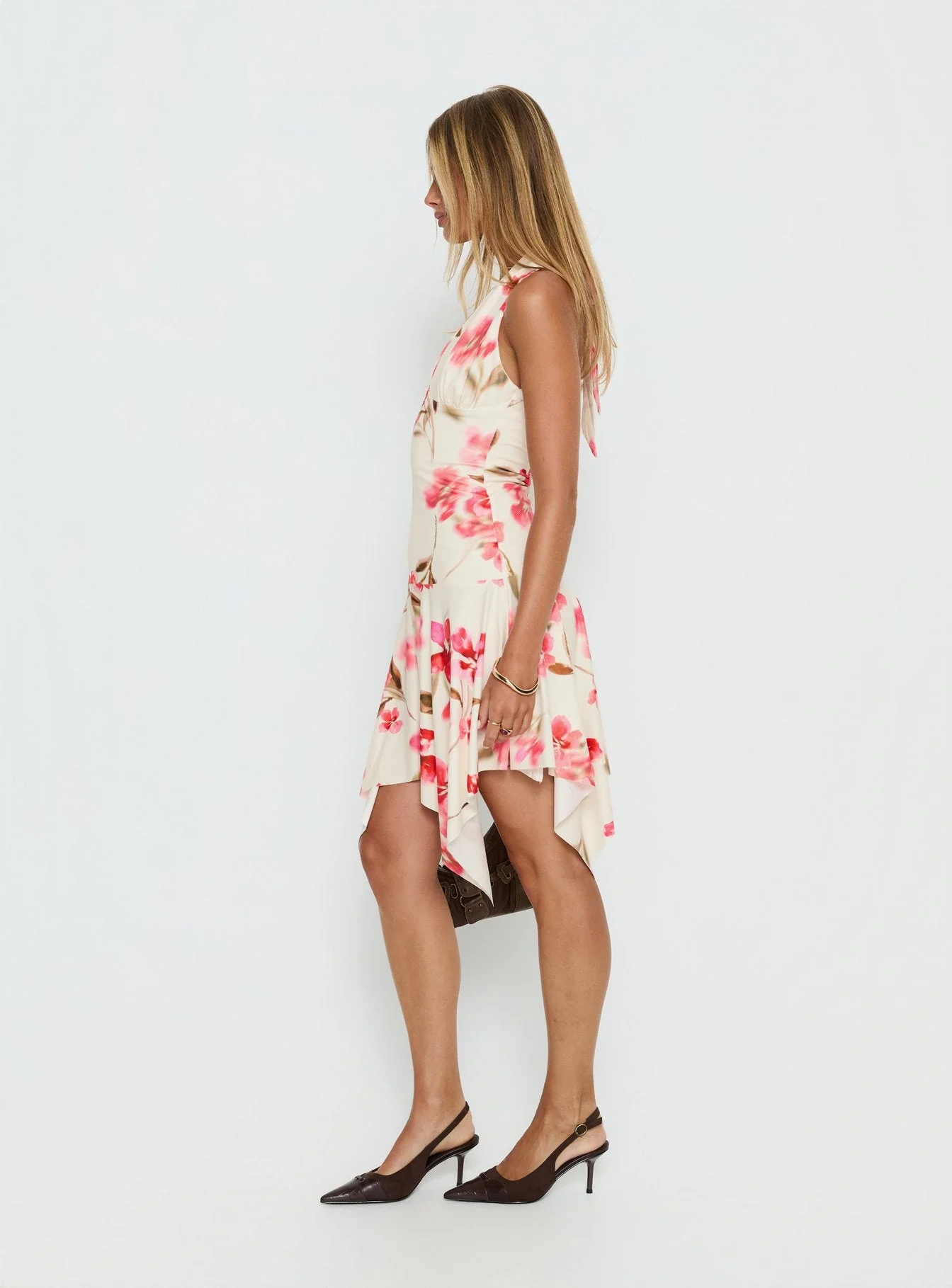 Loreza Halter Asymmetrical Midi Dress Cream Floral - Image 4