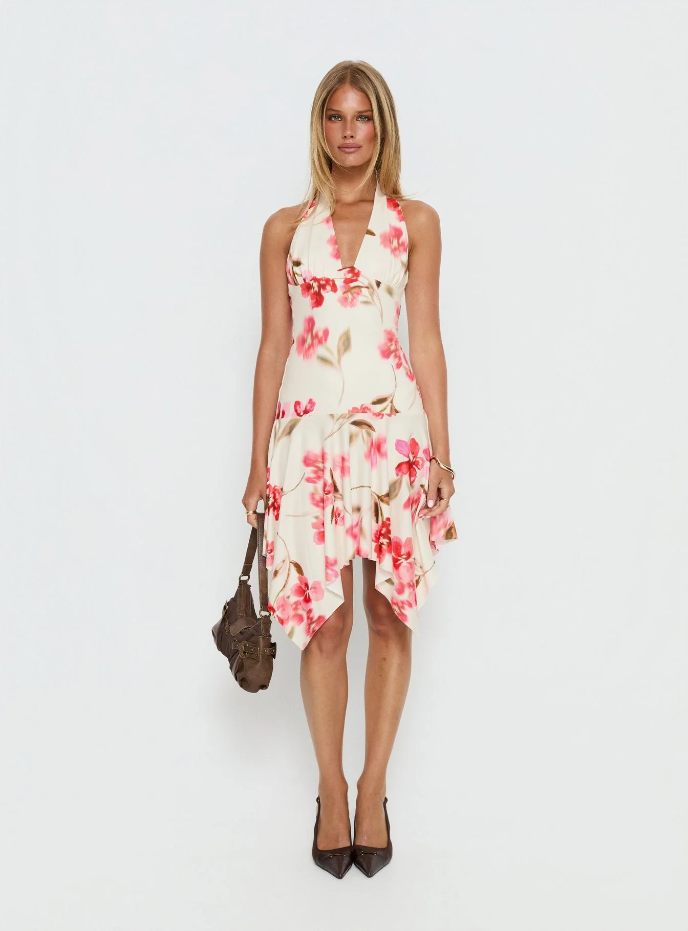 Loreza Halter Asymmetrical Midi Dress Cream Floral - Image 8