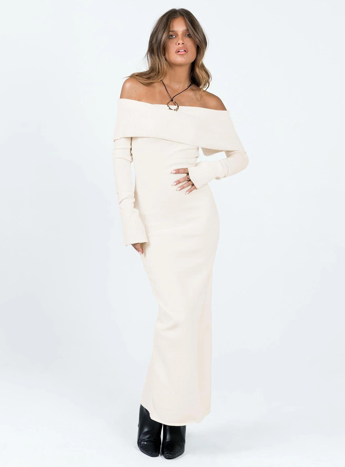 Louden Long Sleeve Off Shoulder Maxi Dress Cream - Image 2