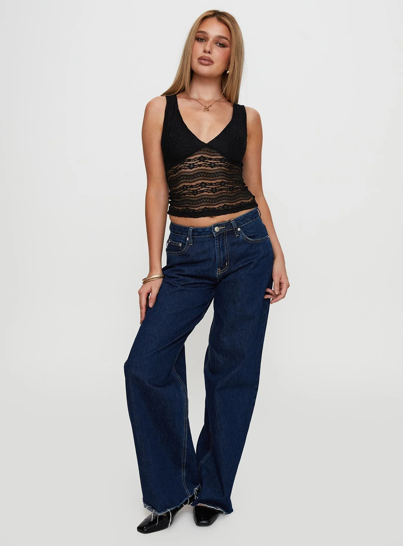 Loxlee Lace Plunge Neck Top Black - Image 2