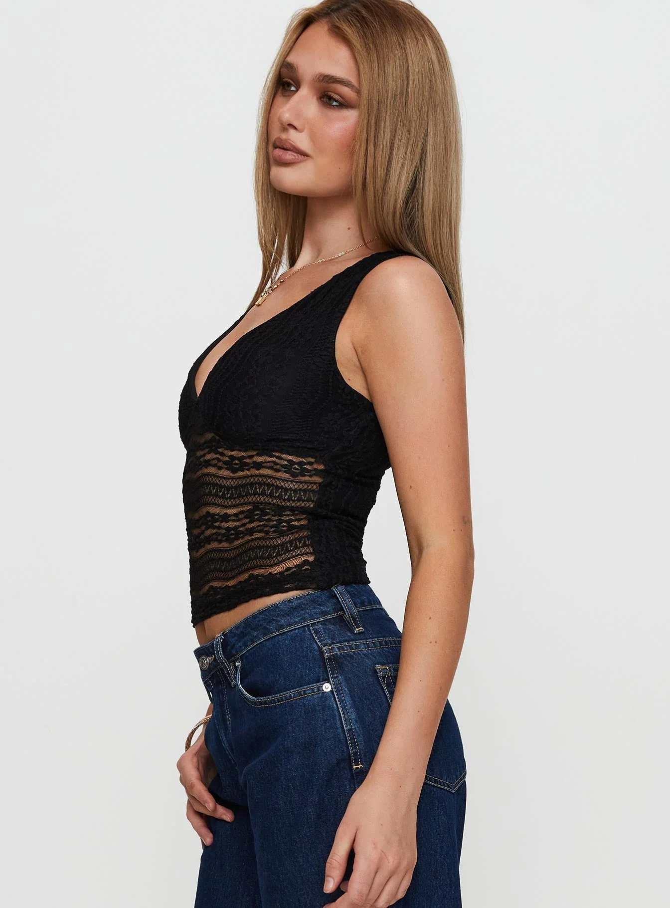 Loxlee Lace Plunge Neck Top Black - Image 3