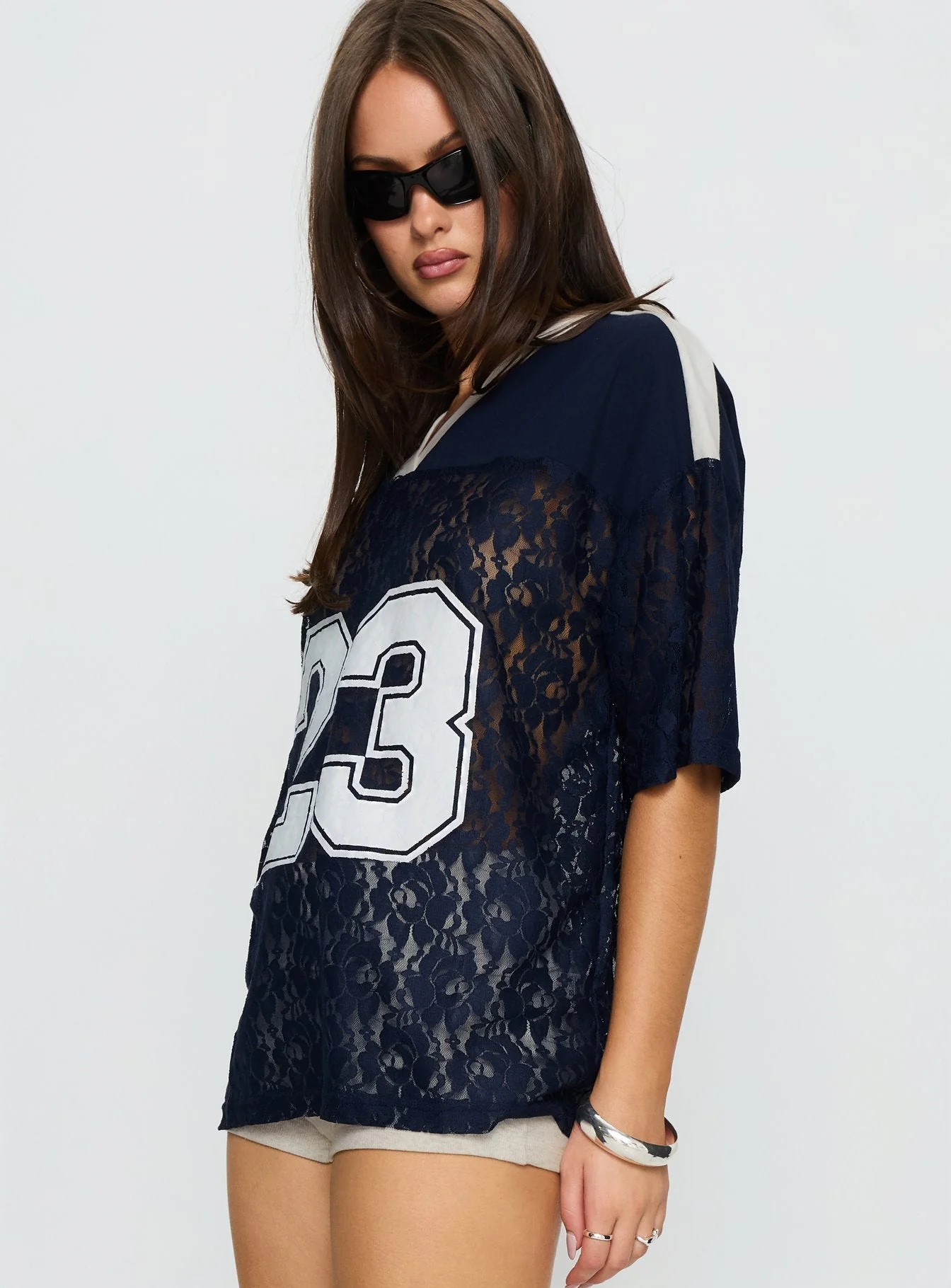 Lucky 23 Lace Jersey Graphic Top Navy - Image 4