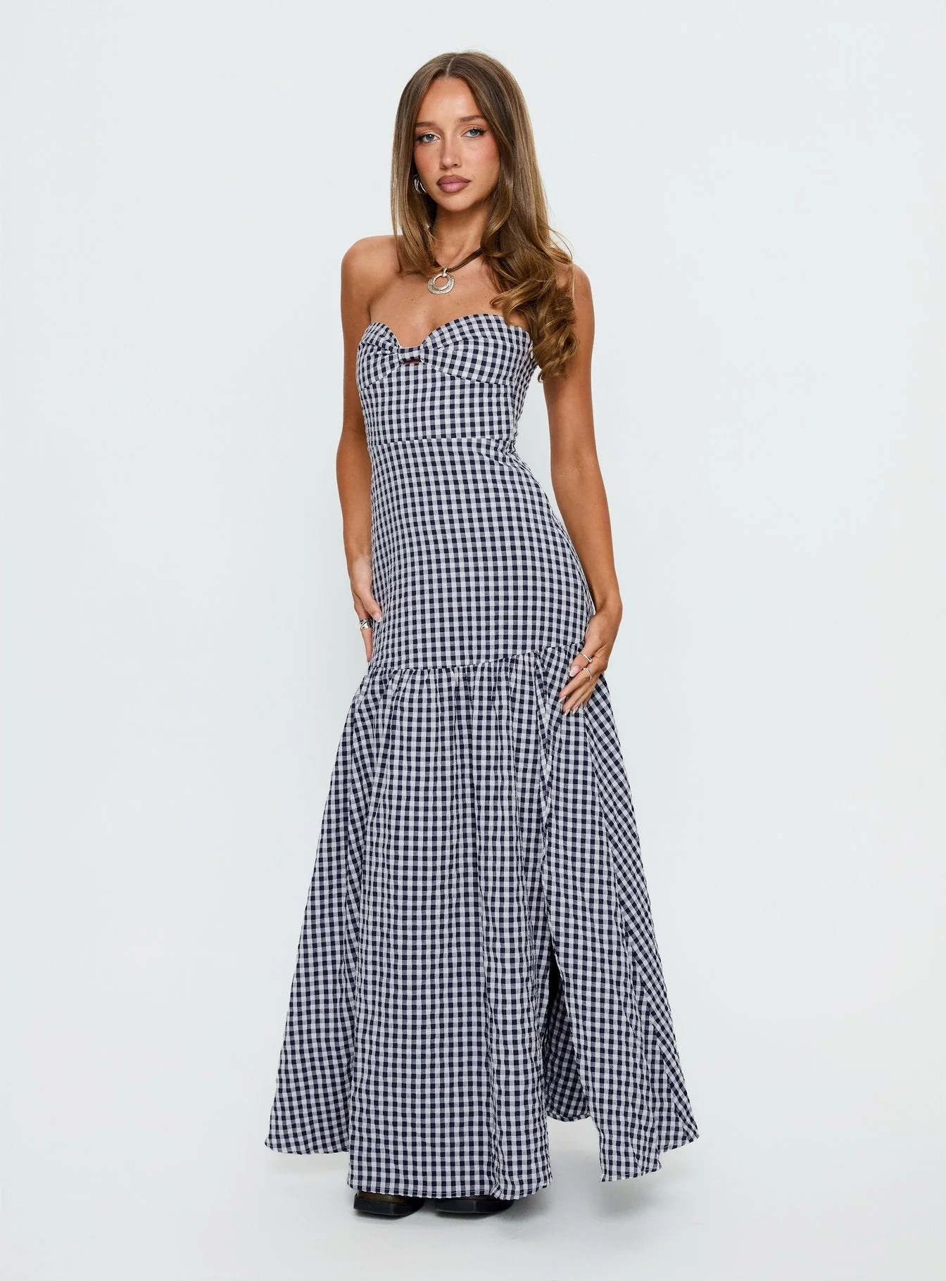 Luckystar Strapless Sweetheart Maxi Dress Navy Gingham - Image 2