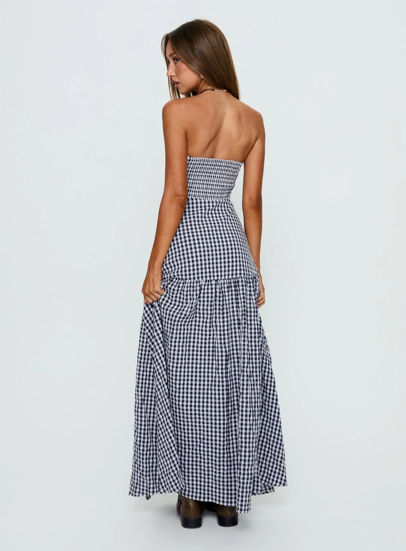 Luckystar Strapless Sweetheart Maxi Dress Navy Gingham - Image 4