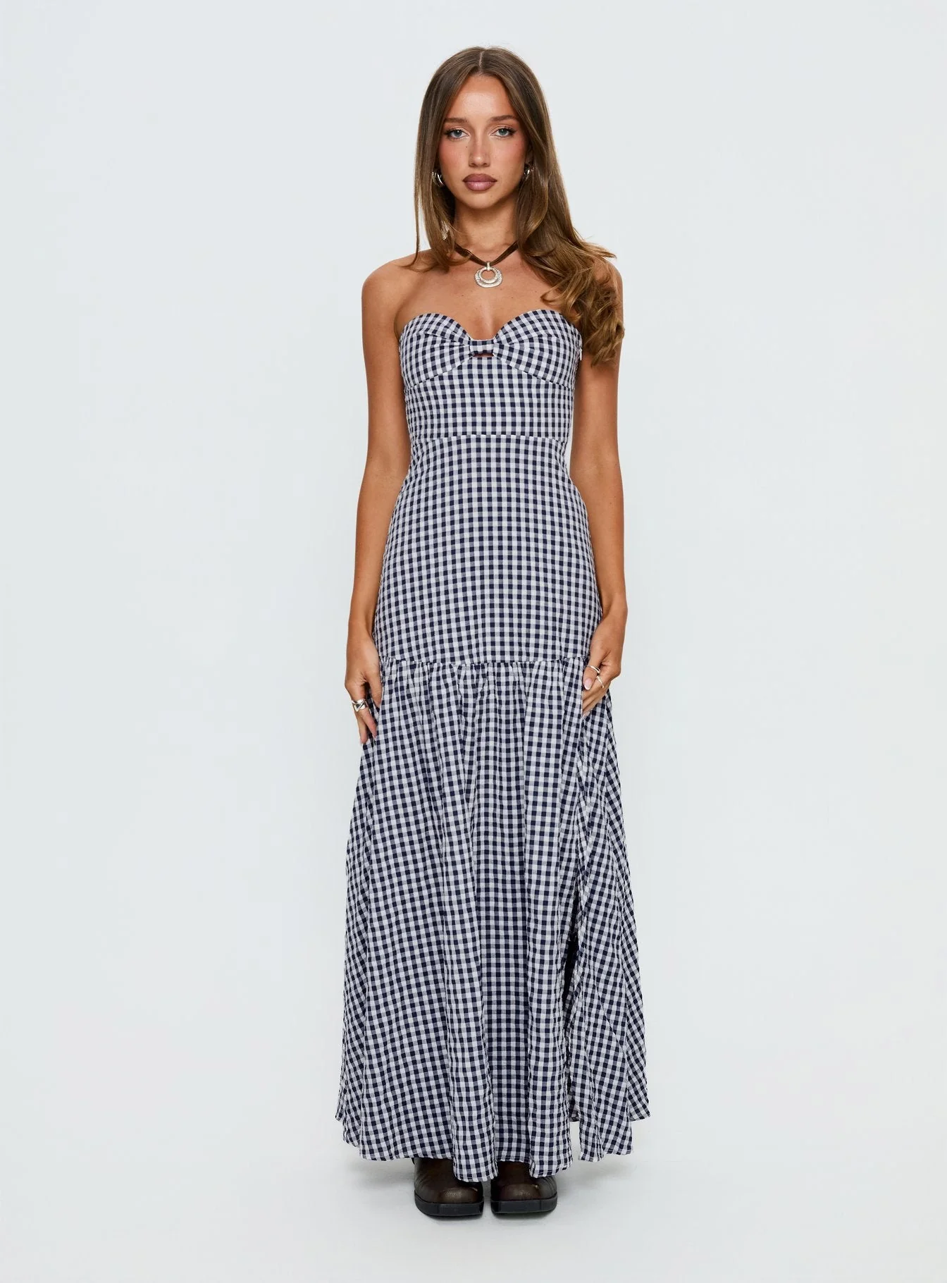 Luckystar Strapless Sweetheart Maxi Dress Navy Gingham - Image 6