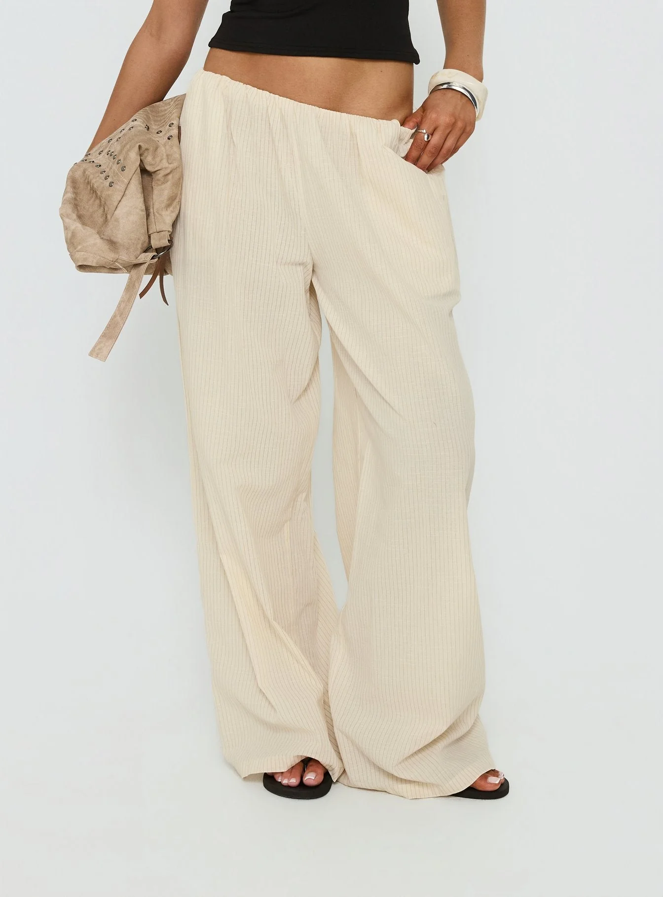 Lunea Concealed Waistband Pants Beige Stripe - Image 2