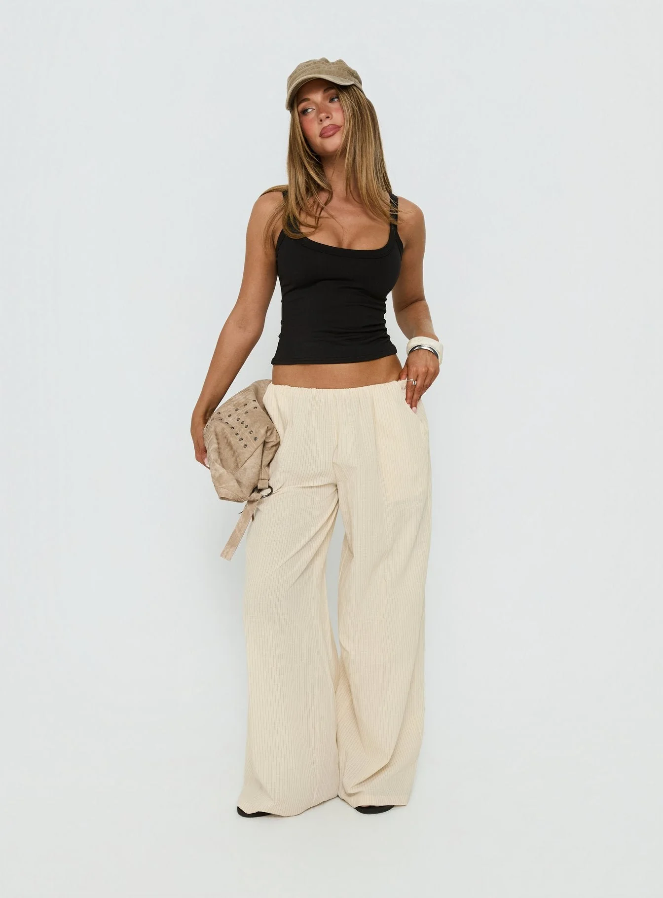 Lunea Concealed Waistband Pants Beige Stripe - Image 3