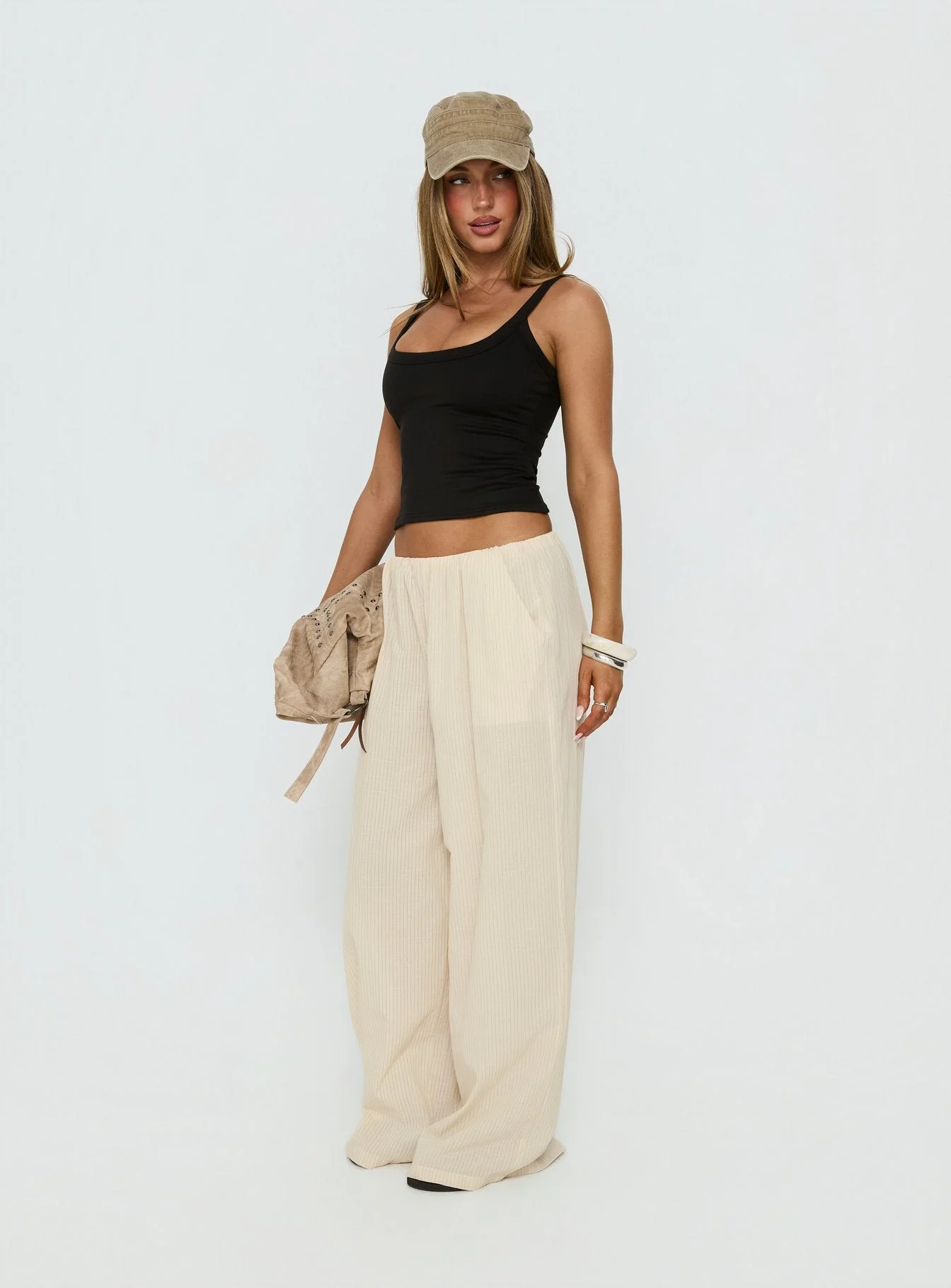 Lunea Concealed Waistband Pants Beige Stripe - Image 4