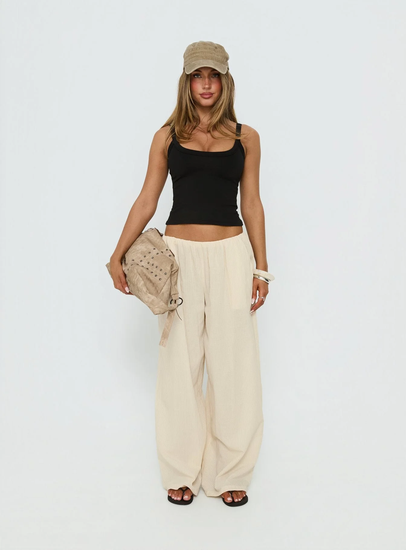 Lunea Concealed Waistband Pants Beige Stripe - Image 7