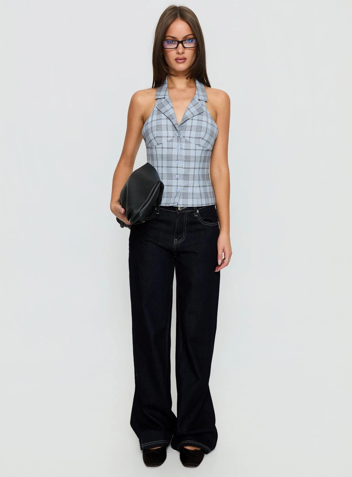 Lure Button Up Sleeveless Top Baby Blue Plaid - Image 7