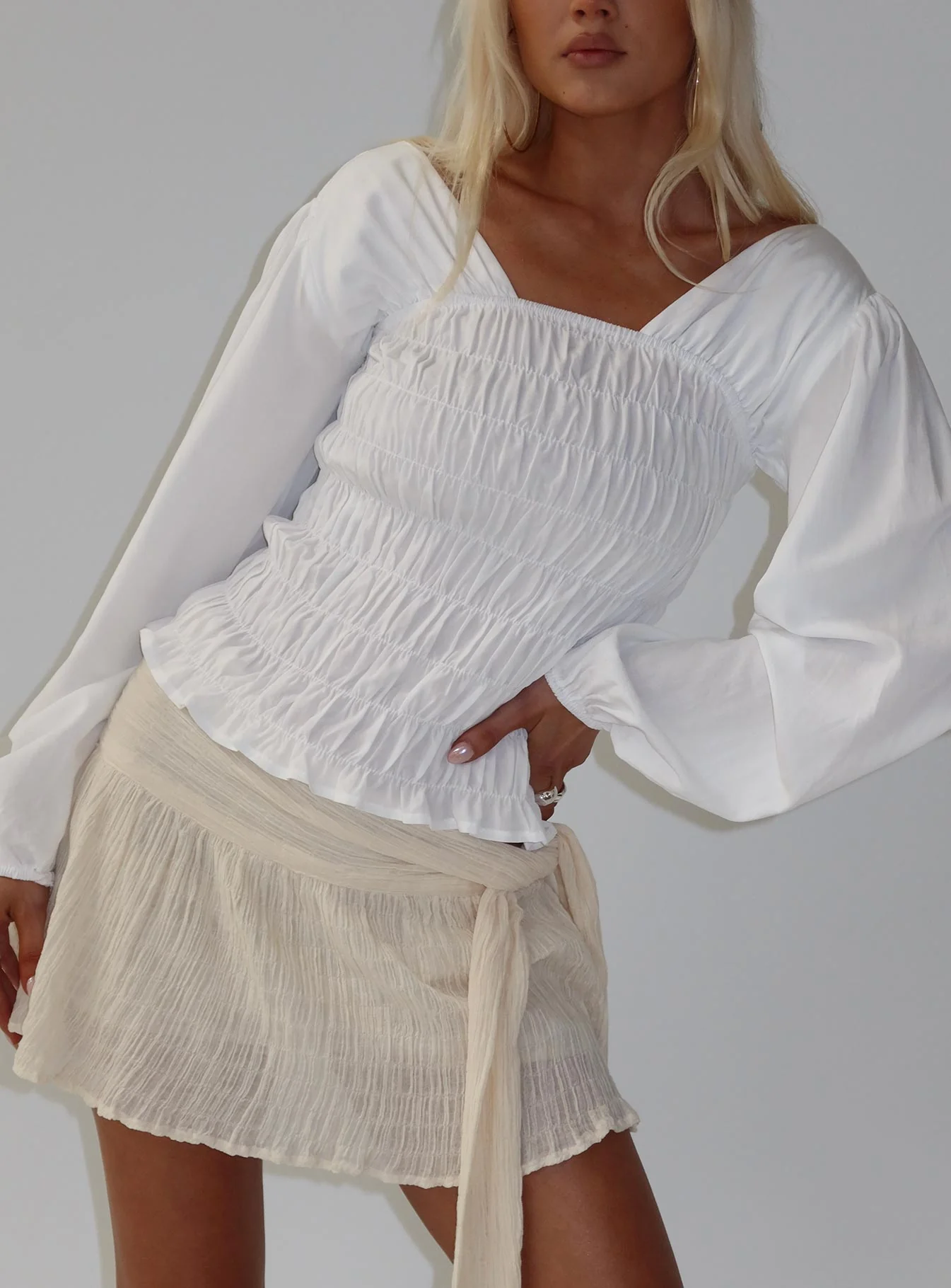 Lynnea Long Sleeve Shirred Top White - Image 8