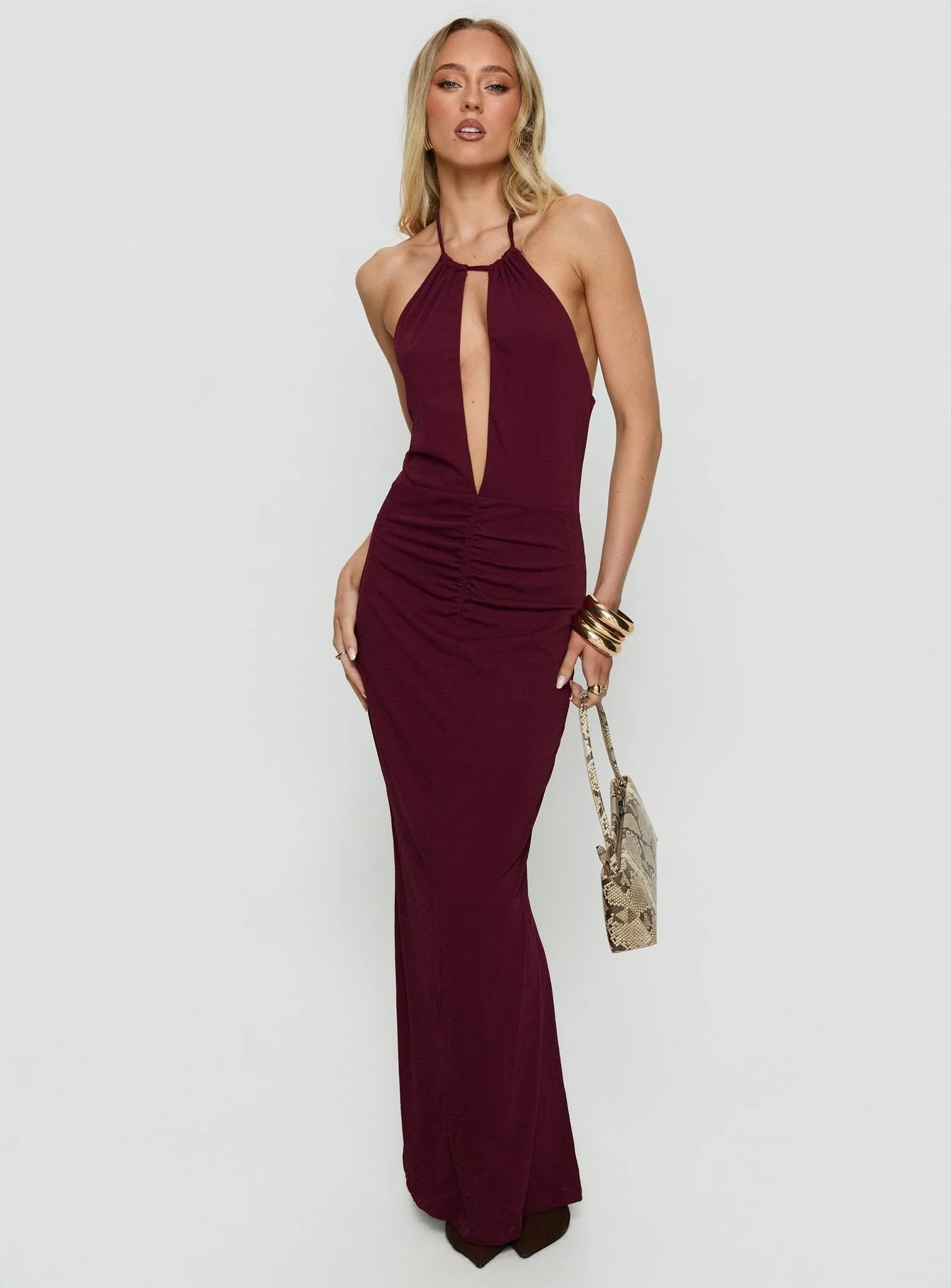 Lyssa Halter Plunge Maxi Dress Plum - Image 2