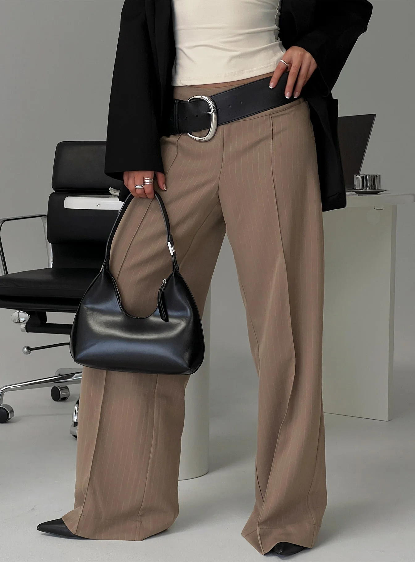 Madelle Mid Rise Straight Leg Pants Brown Pinstripe - Image 8