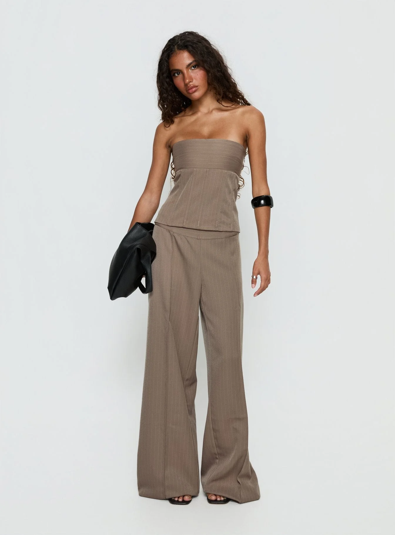 Madelle Strapless Tie Up Top Brown Pinstripe - Image 3