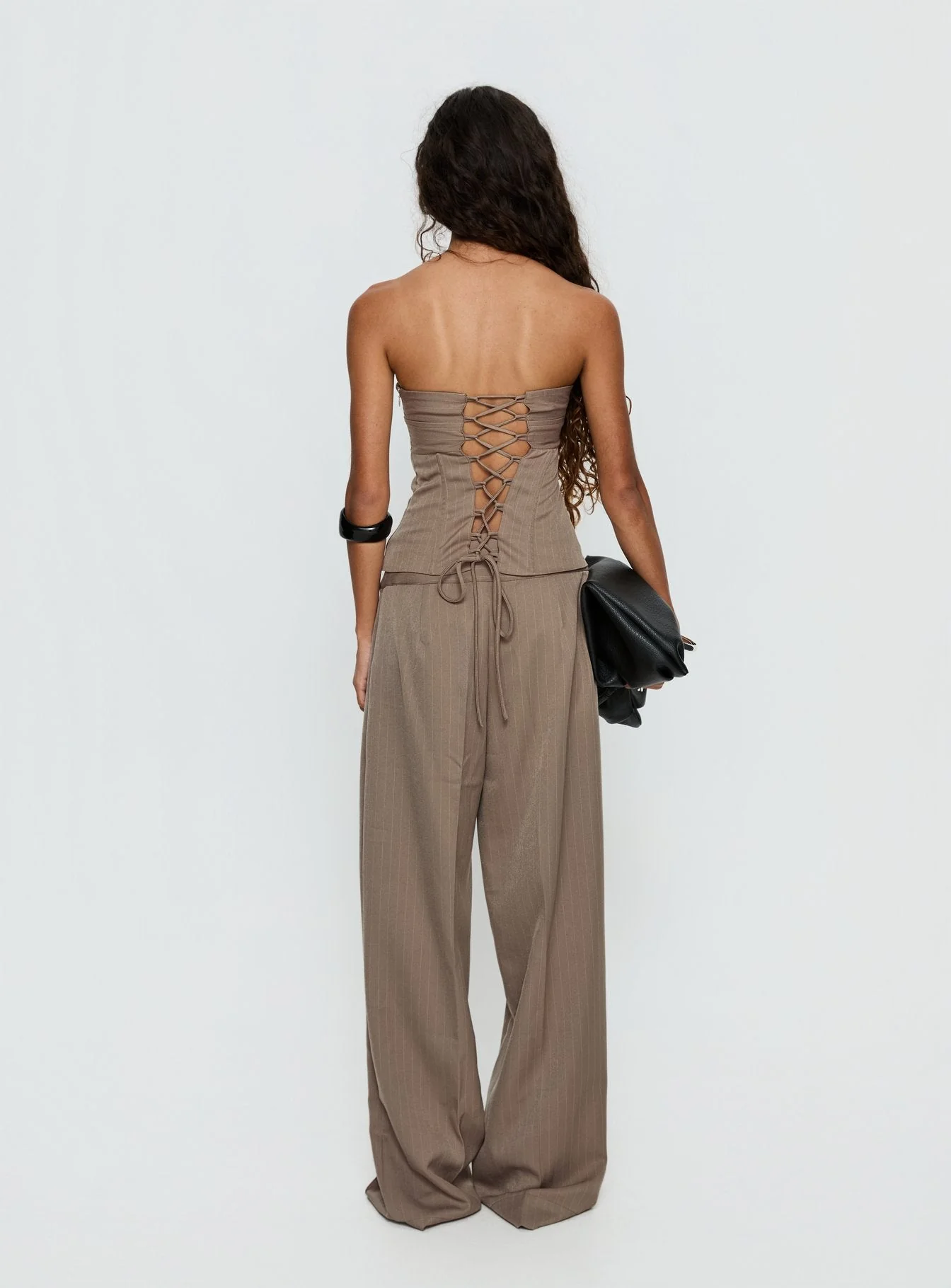Madelle Strapless Tie Up Top Brown Pinstripe - Image 5