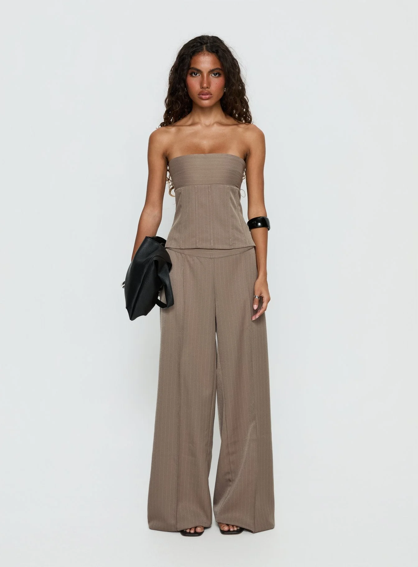 Madelle Strapless Tie Up Top Brown Pinstripe - Image 6