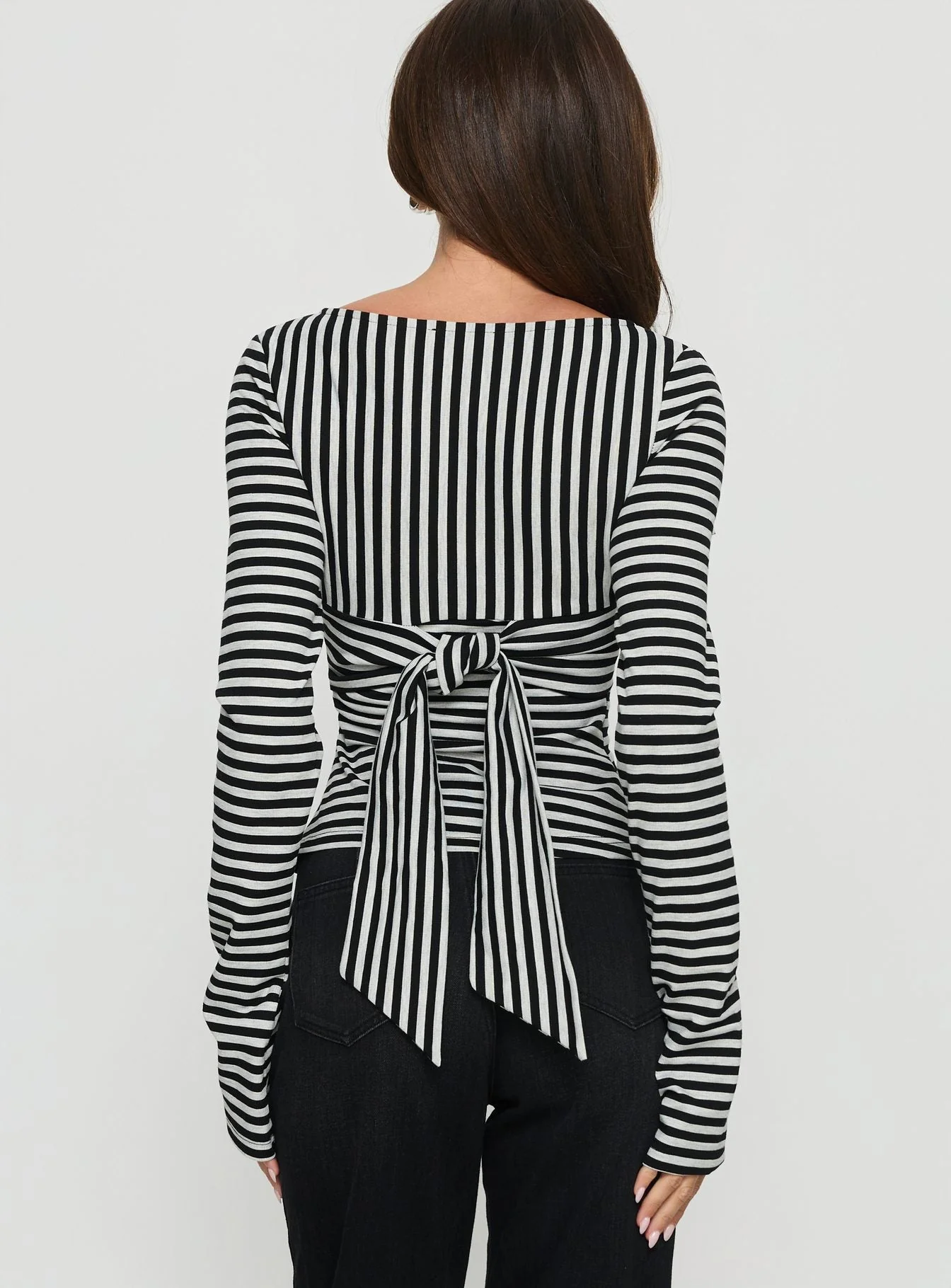 Madelon Long Sleeve Wrap Top Black / Grey Stripe - Image 5