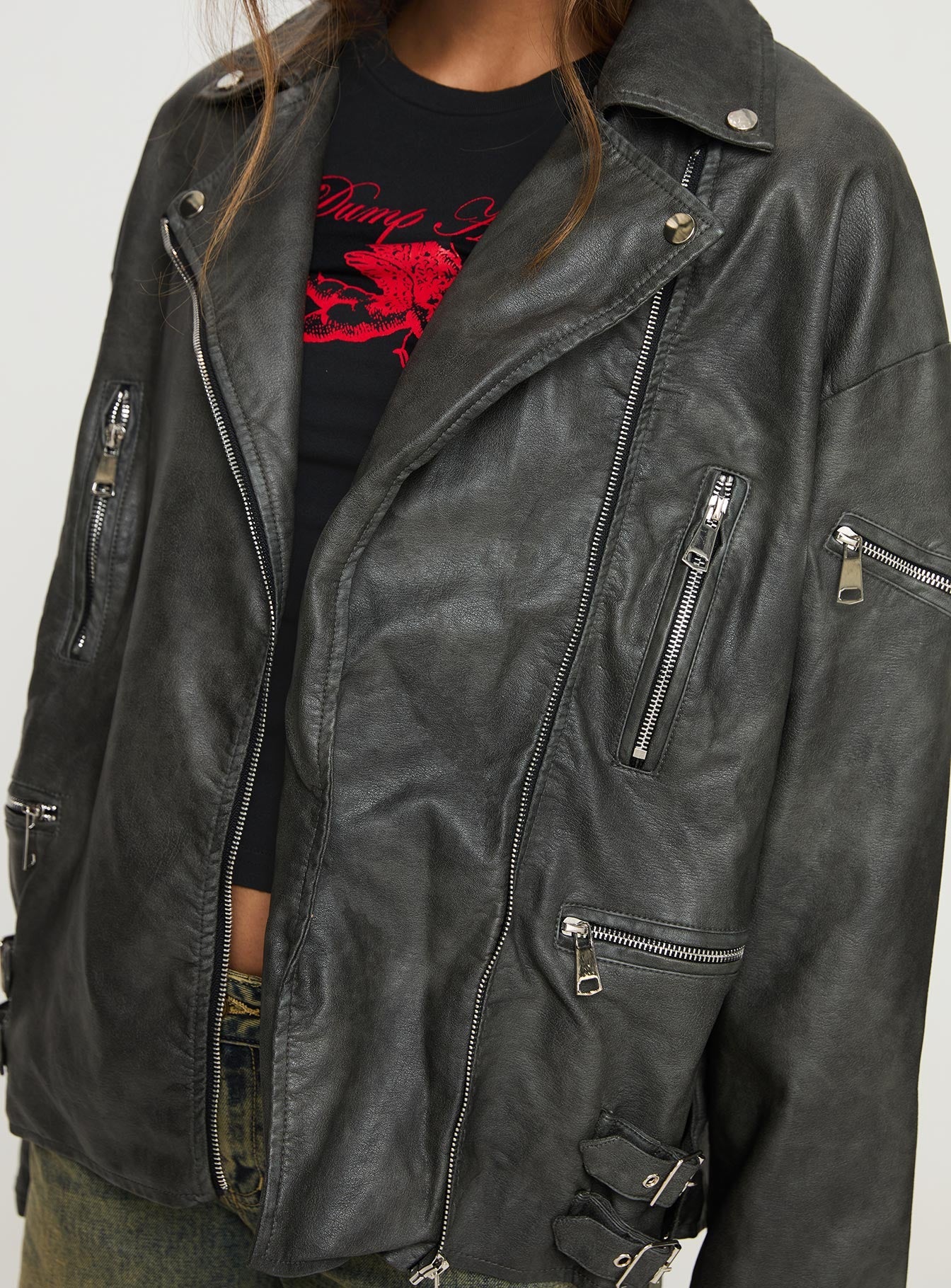 Magnets Faux Leather Jacket Washed Charcoal - Image 6