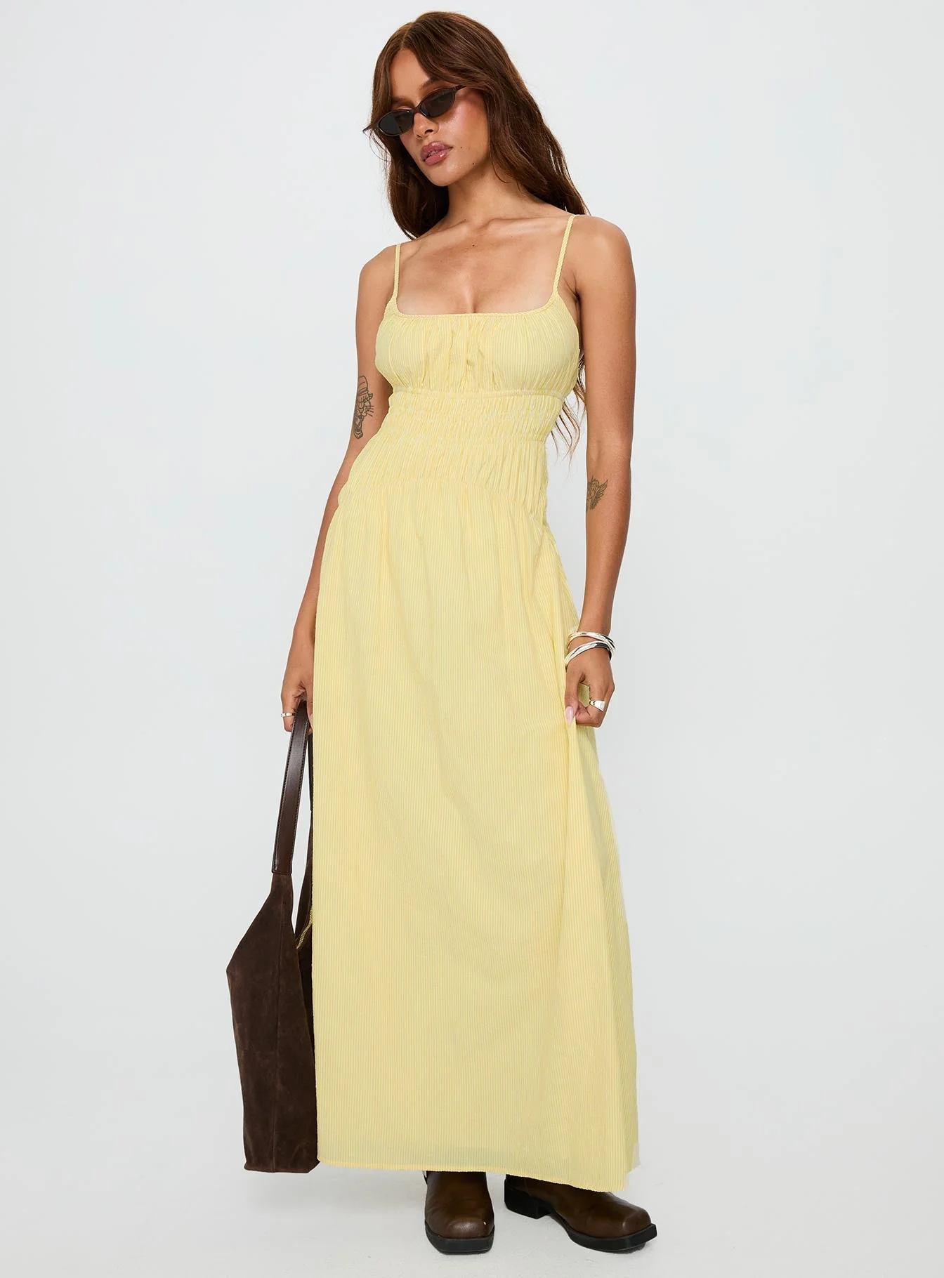 Magnolie Shirred Maxi Dress Yellow Stripe - Image 2