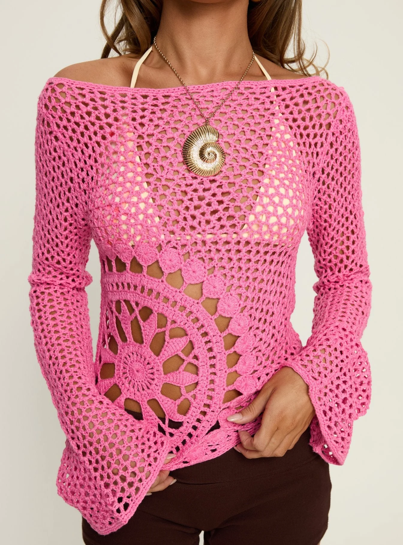 Majestica Long Sleeve Crochet Jumper Pink - Image 6