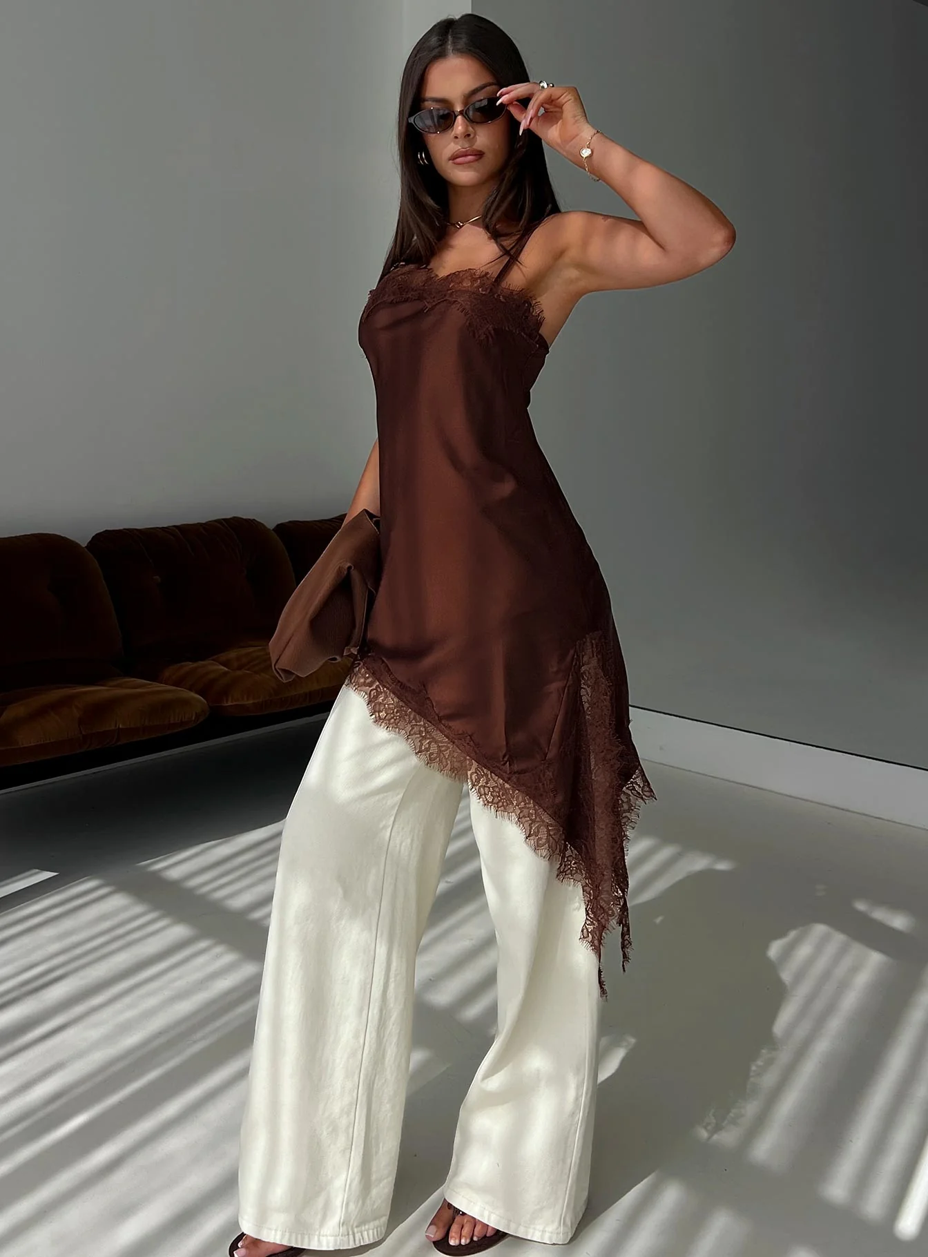 Malakhai Lace Asymmetrical Mini Dress Chocolate - Image 8