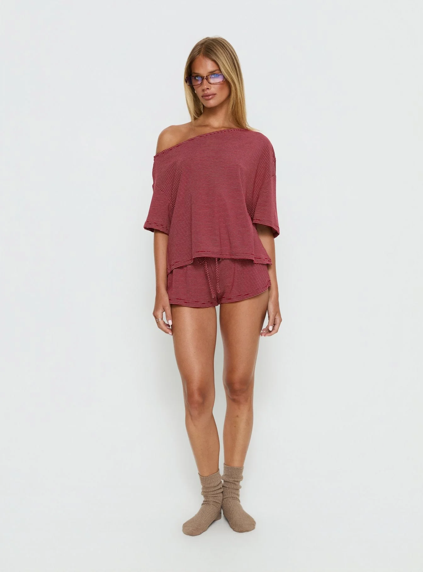 Sugar Surge Off Shoulder Sleep Top Cherry Stripe - Image 3