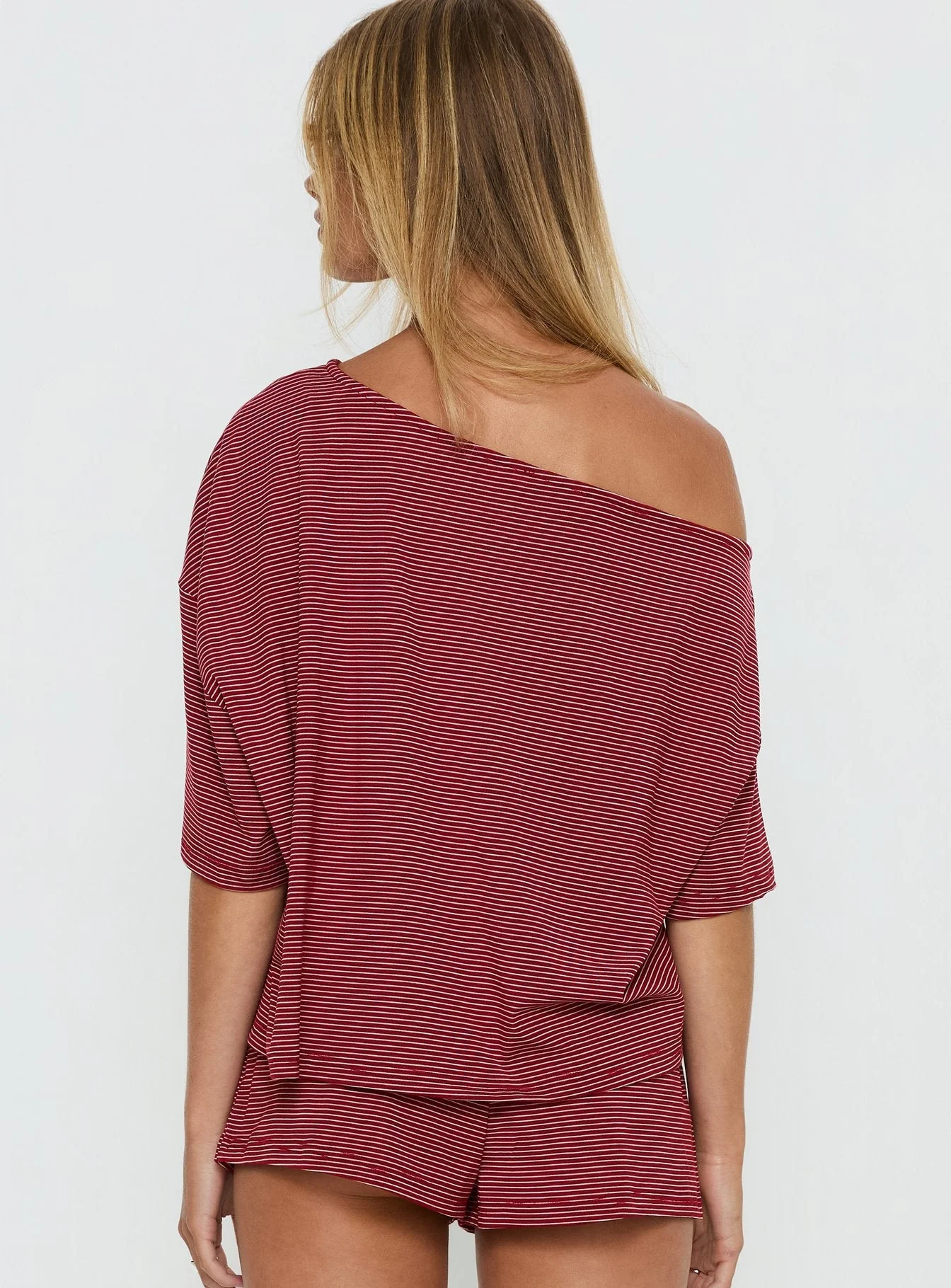 Sugar Surge Off Shoulder Sleep Top Cherry Stripe - Image 5