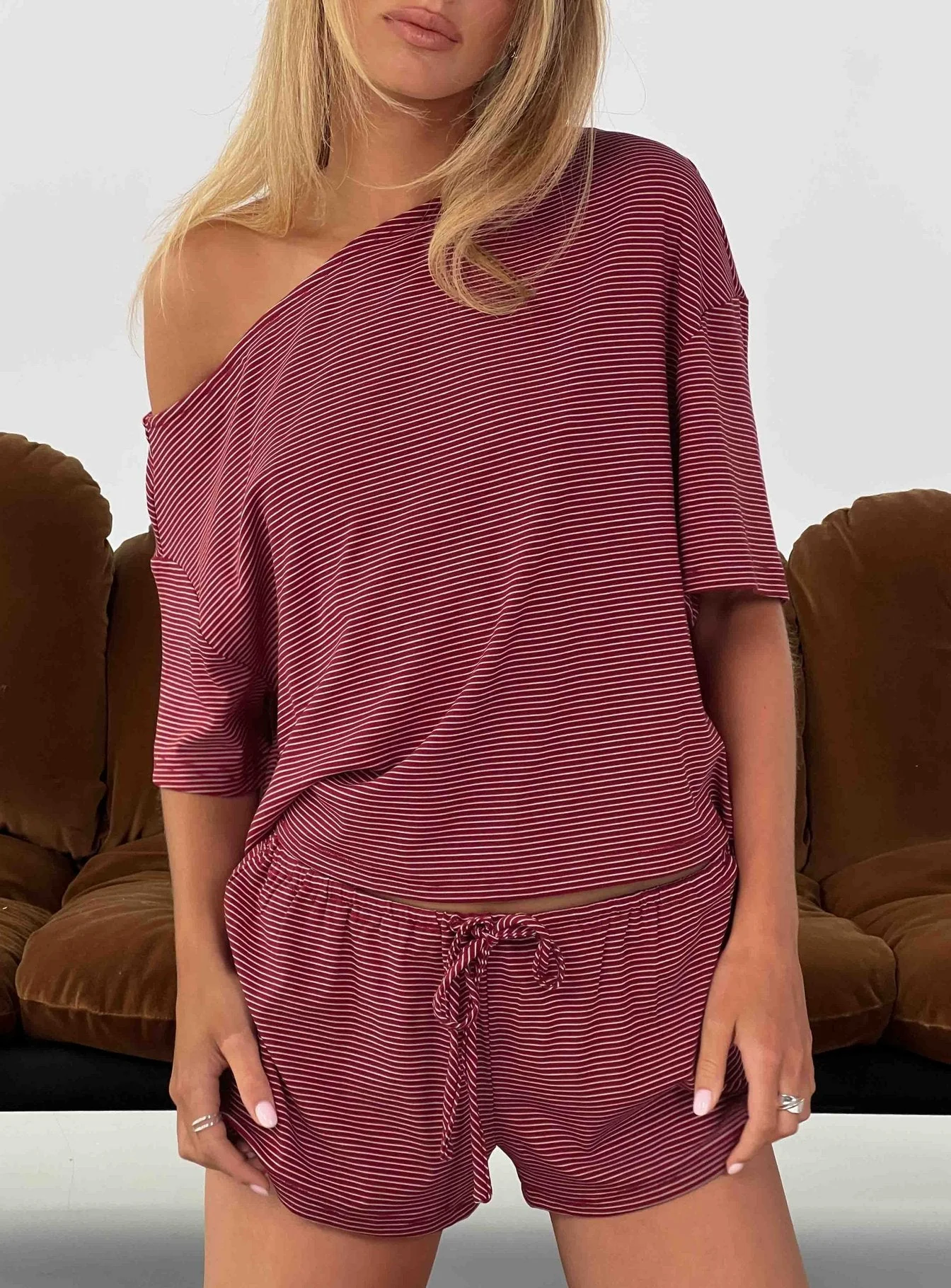 Sugar Surge Off Shoulder Sleep Top Cherry Stripe - Image 8