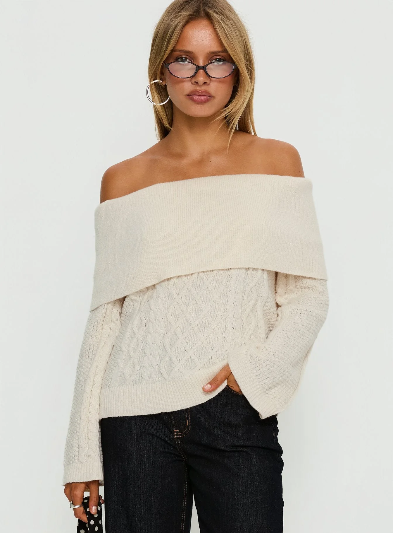 Margarete Off Shoulder Knit Sweater Cream - Image 2