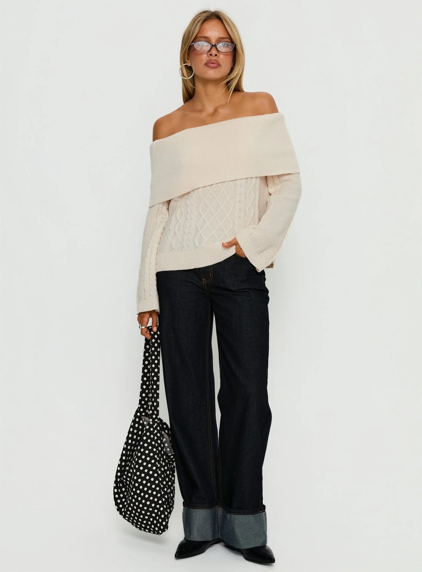 Margarete Off Shoulder Knit Sweater Cream - Image 3
