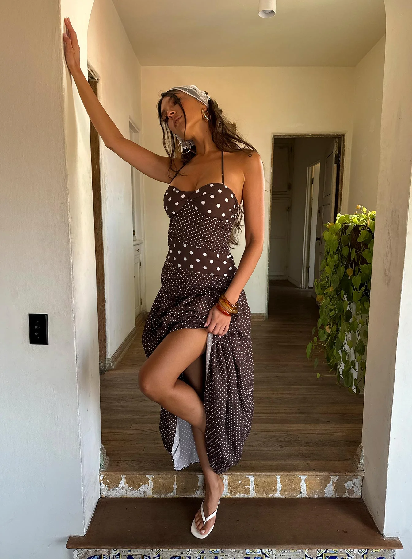 Marguerite Halter Maxi Dress Brown Polka Dot - Image 11