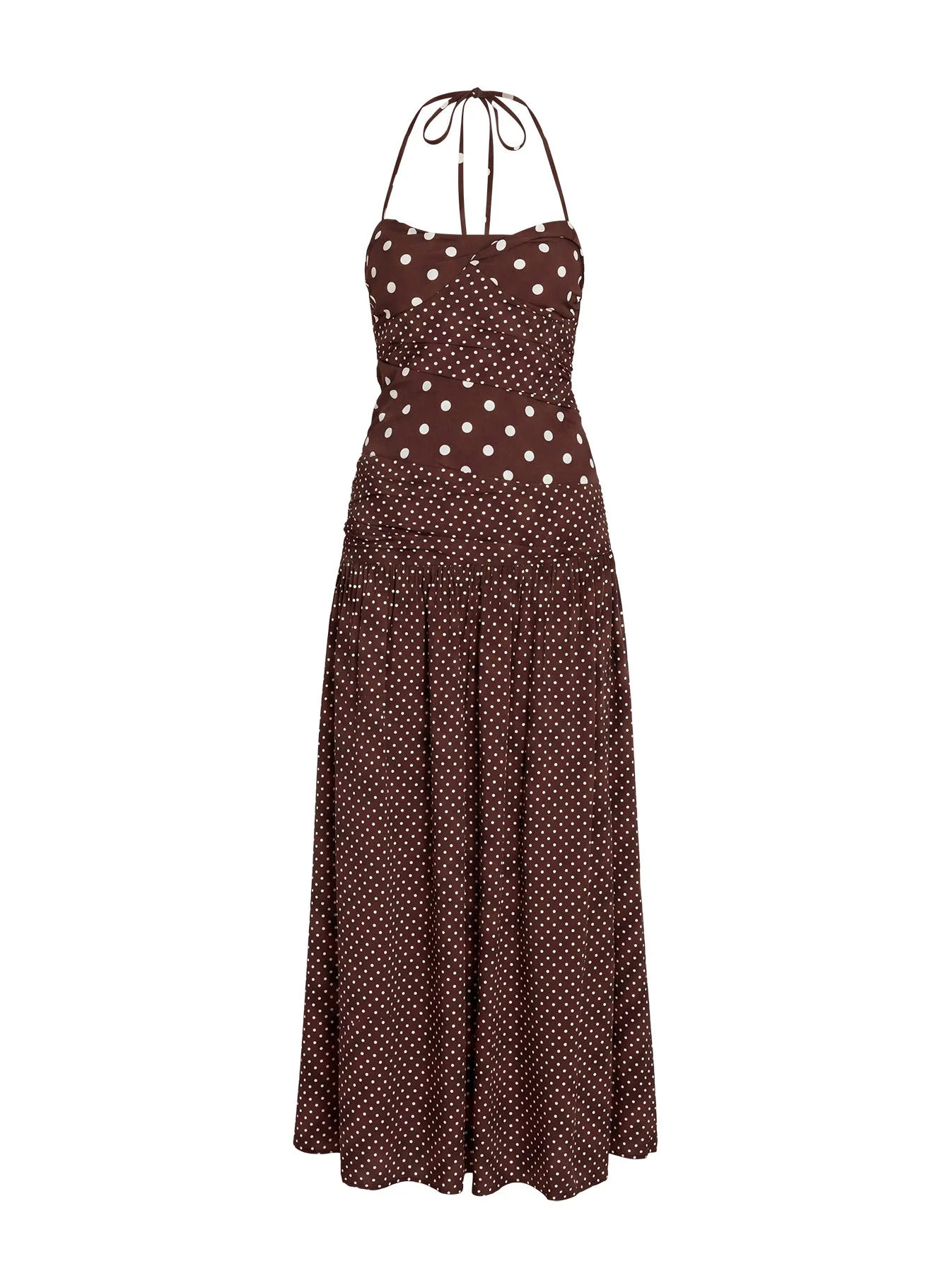 Marguerite Halter Maxi Dress Brown Polka Dot - Image 12
