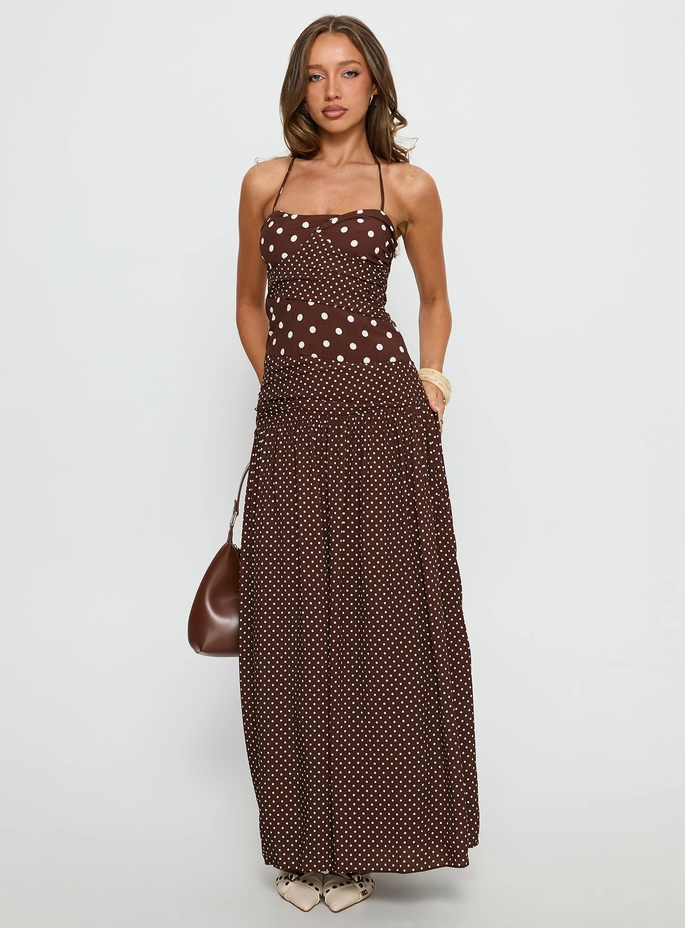 Marguerite Halter Maxi Dress Brown Polka Dot - Image 2