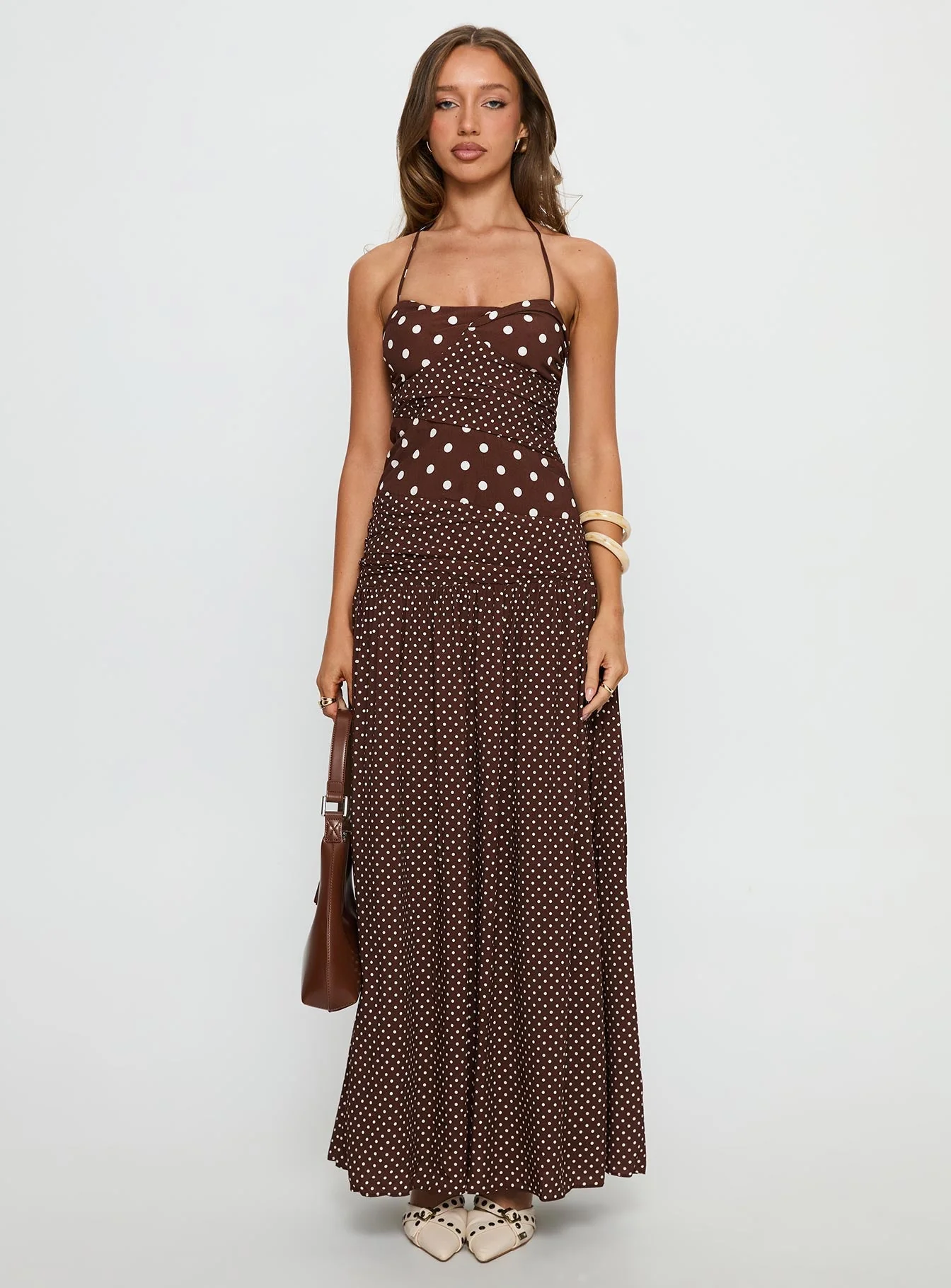 Marguerite Halter Maxi Dress Brown Polka Dot - Image 7