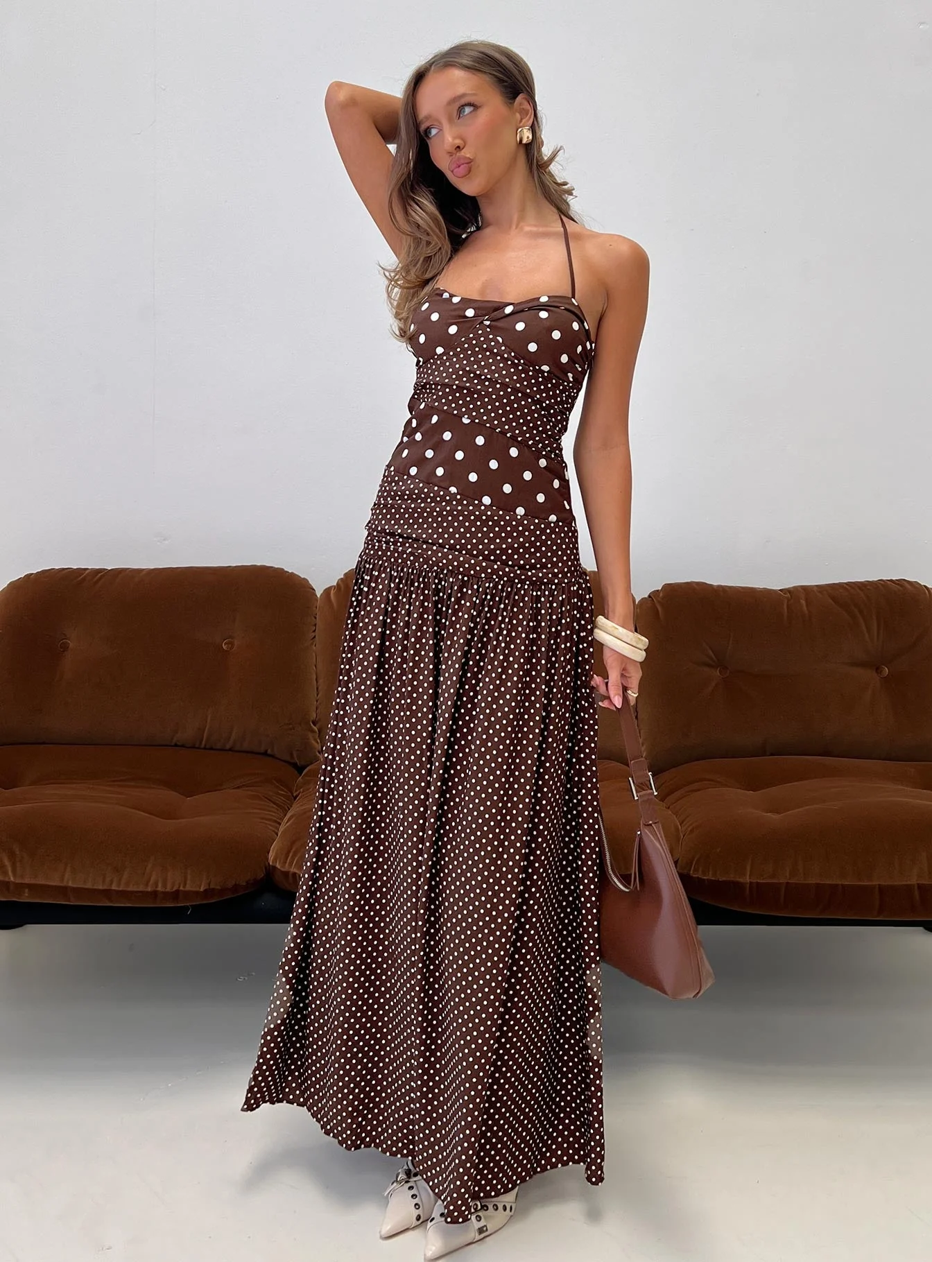 Marguerite Halter Maxi Dress Brown Polka Dot - Image 8